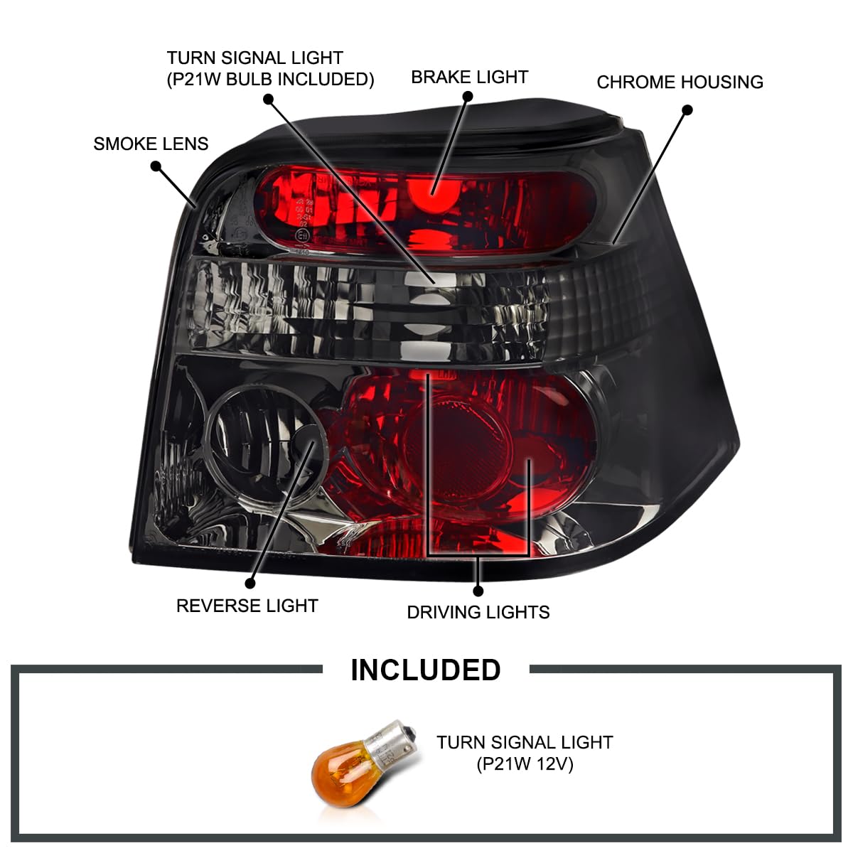 Spec-D Tuning Smoke Lens Tail Lights for 1999-2006 Volkswagen Golf MK4 - Left & Right Pair Assembly - Upgrade Your Car's Style & Visibility for Night Driving & Custom Look