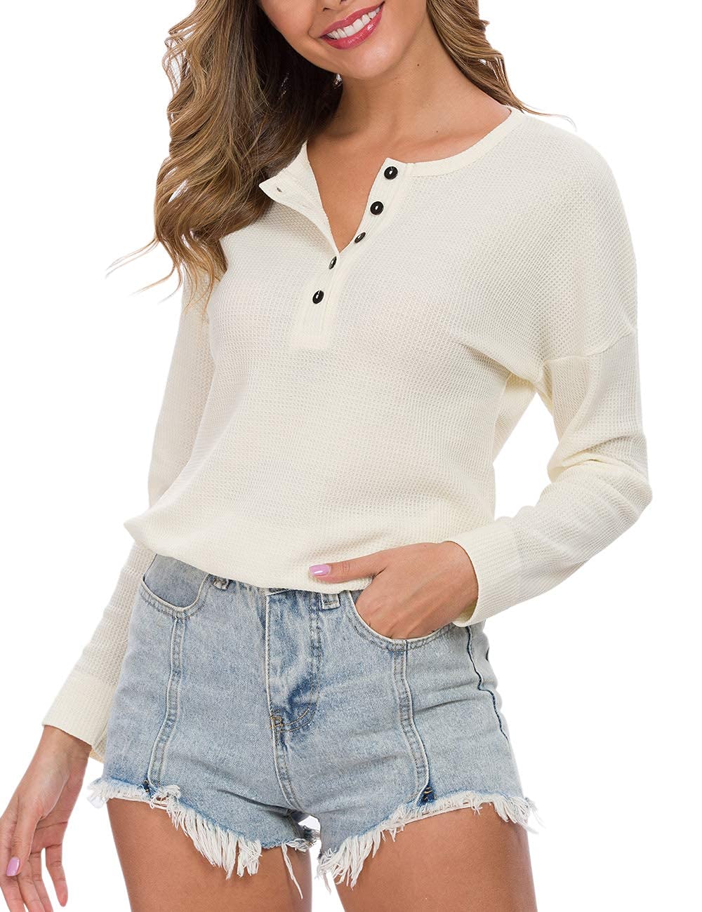 WNEEDU Women's Waffle Knit Tunic Top - Loose Fit Long Sleeve Button Up Henley Shirt with V-Neck | Casual Fall & Winter Layering, Office Wear, Everyday Outfits