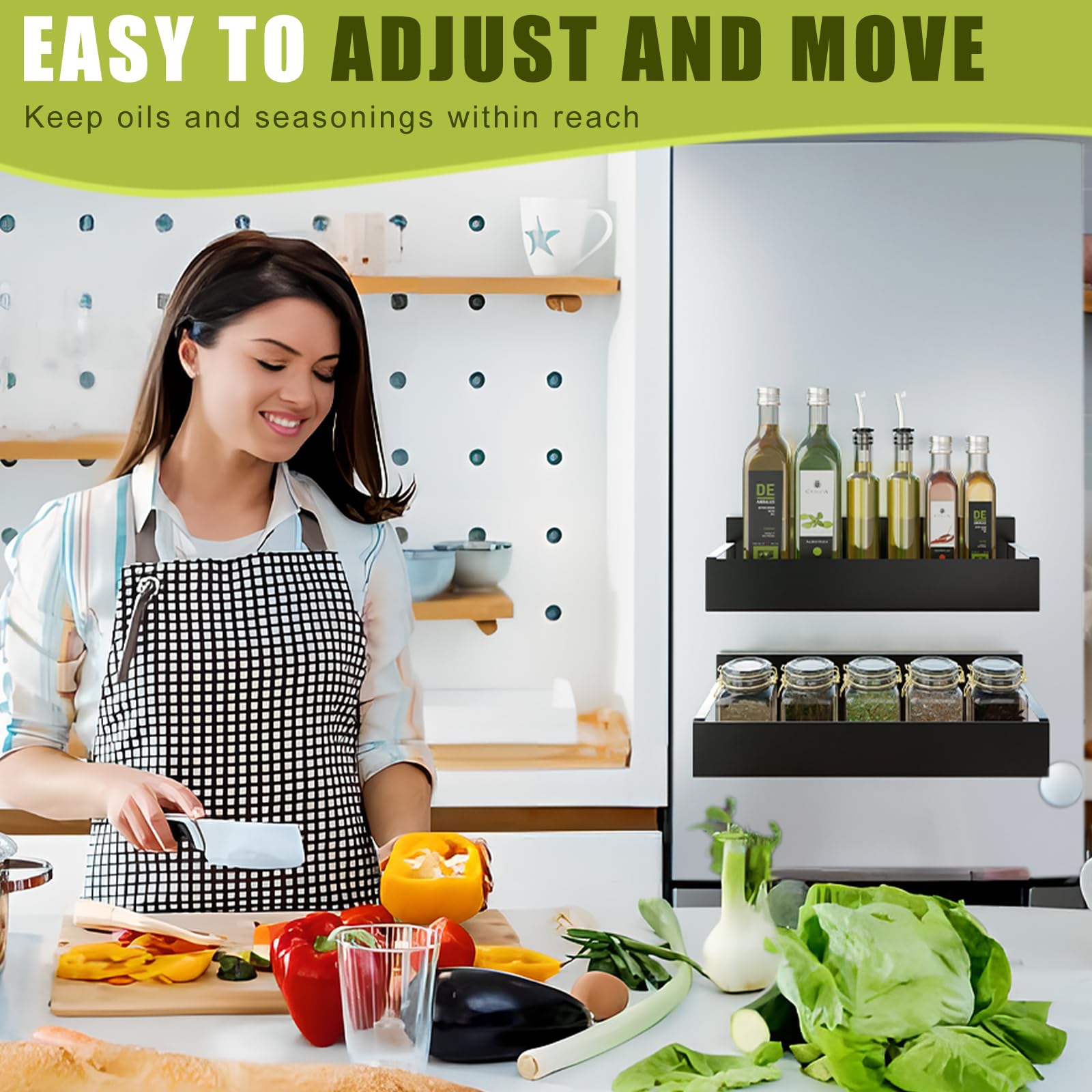 Strong Magnetic Spice Rack for Refrigerator - 2 Pack Adjustable Spice Organizer with Powerful Magnets for Fridge & Microwave, Space-Saving Kitchen Storage Solution (Black) - Perfect for Small Kitchens, Apartments & RVs