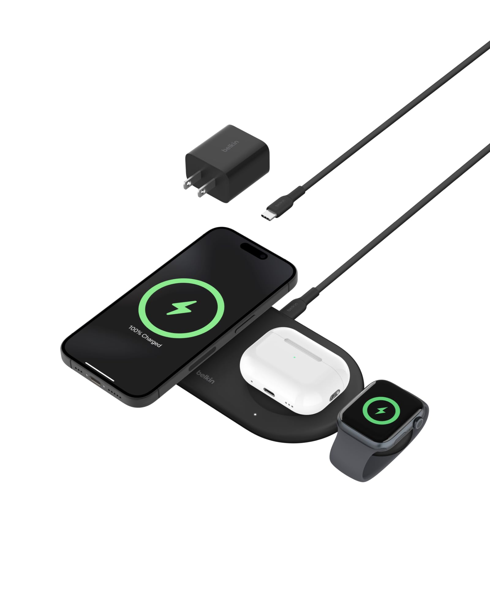 Belkin 3-in-1 MagSafe-Compatible Wireless Charging Pad with Qi2 15W Fast Charging - iPhone Charger Station for iPhone 16/15/14 Series, AirPods & Apple Watch - Perfect for Home, Office & Travel - Black