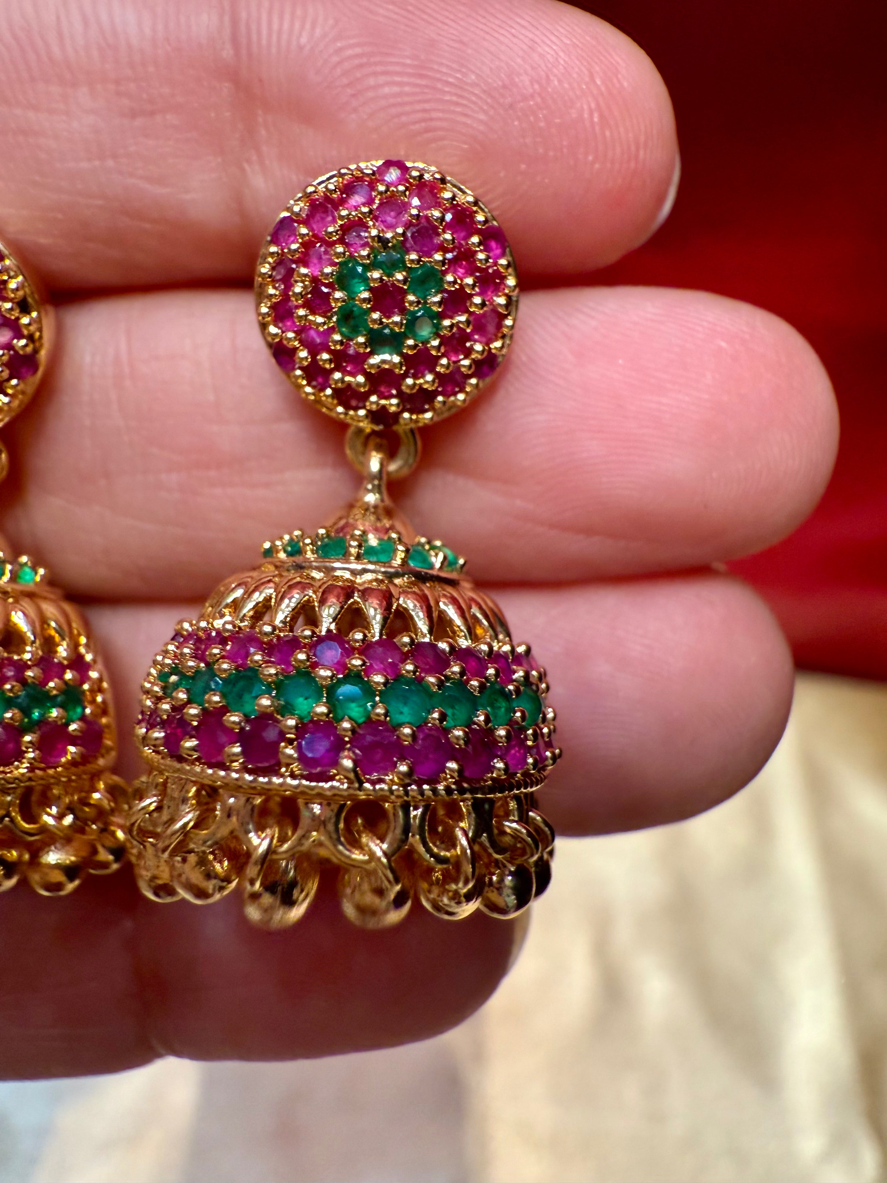 Exquisite Gold Plated Jhumka Earrings with Multicolor Stones for Women | Traditional Indian Jewelry for Weddings, Parties & Festive Occasions