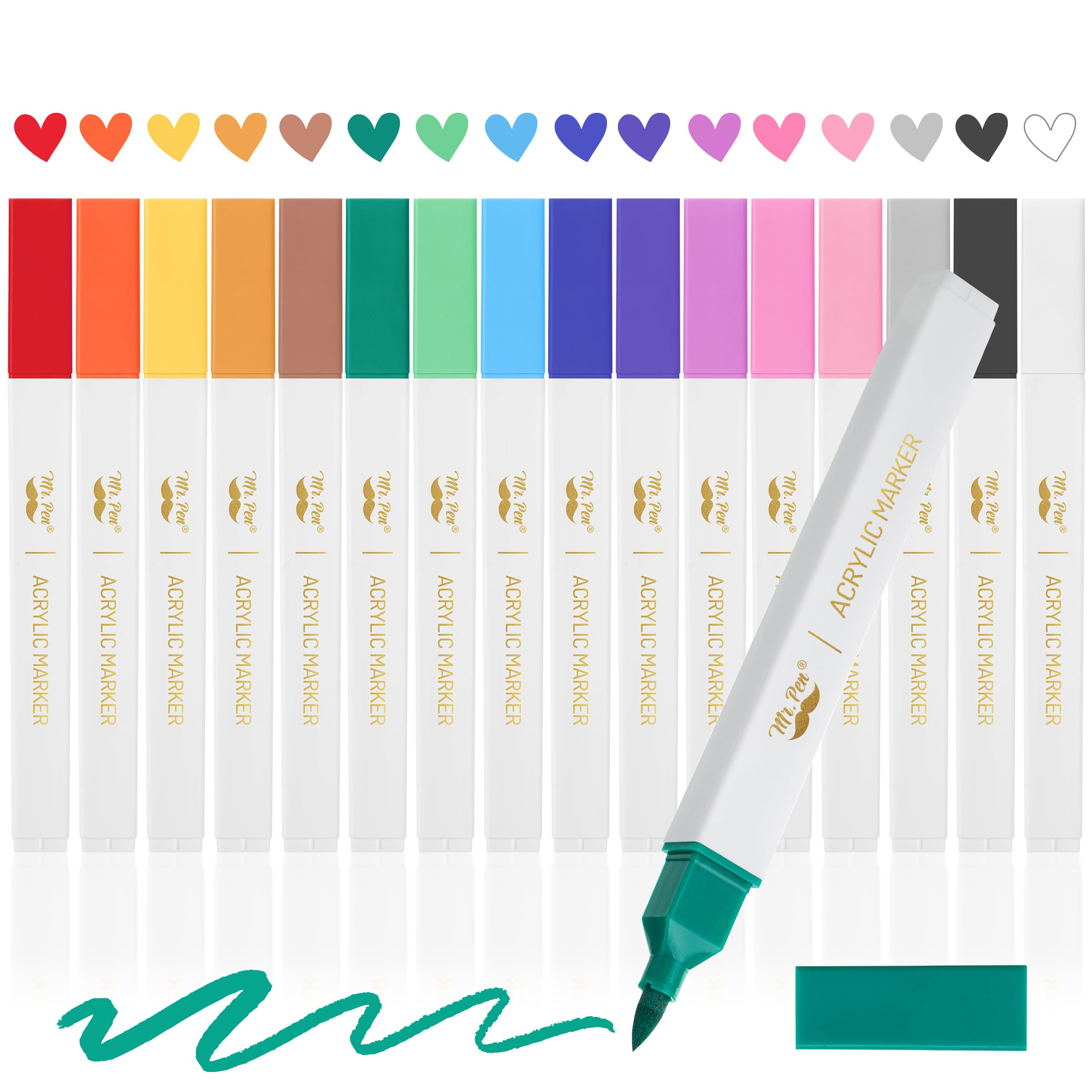 Mr. Pen Acrylic Paint Markers Brush Tip - 16-Piece Vibrant Color Set for Artists, DIY Crafts & Home Decor | Water-Based Paint Pens for Canvas, Wood, Glass & Fabric | Professional Art Supplies for Calligraphy & Illustration