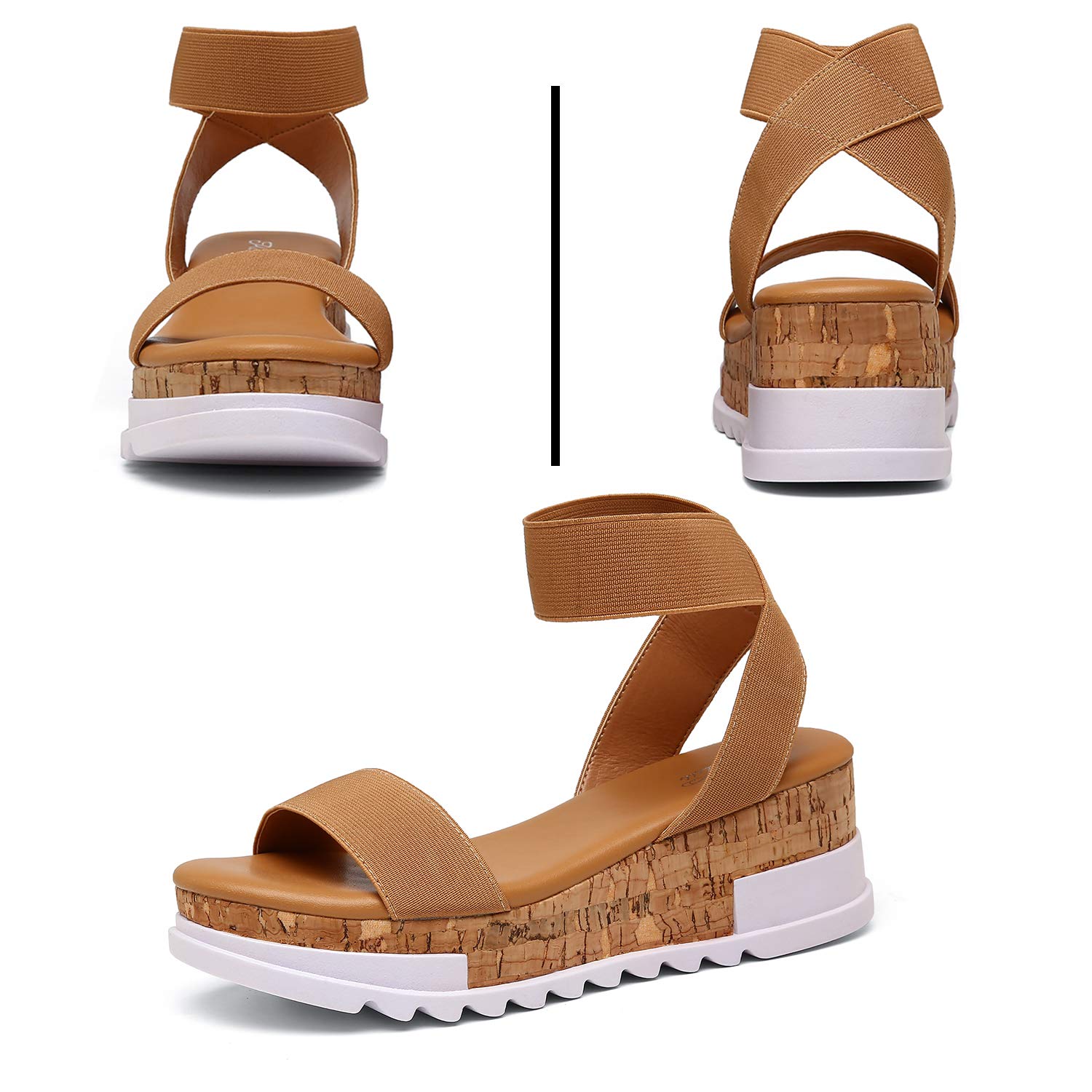 Katliu Women's Wedge Platform Sandals with Elastic Ankle Strap & Cork Sole - Comfortable Summer Beach Shoes for Walking, Travel and Casual Outfits
