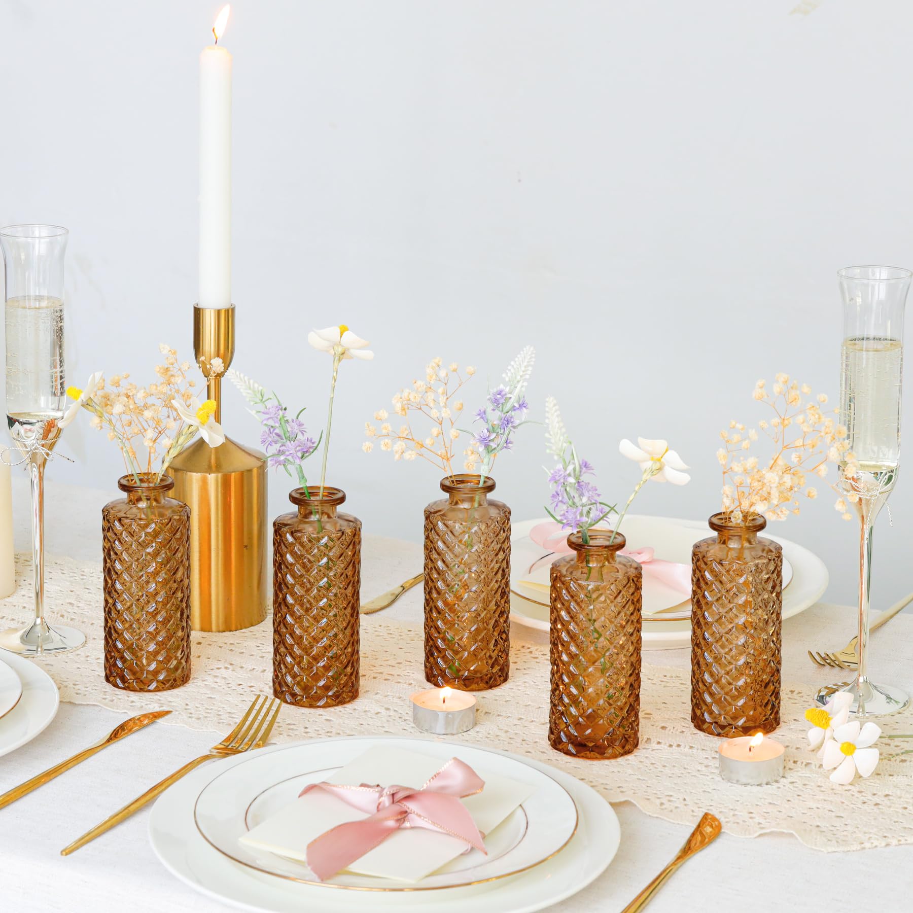 ComSaf Set of 6 Small Diamond Glass Bud Vases - Mini Flower Vases for Wedding Centerpieces, Table Decor, Home Decor, Reception Decor - Perfect for Weddings, Parties, and Home Decoration (Amber)