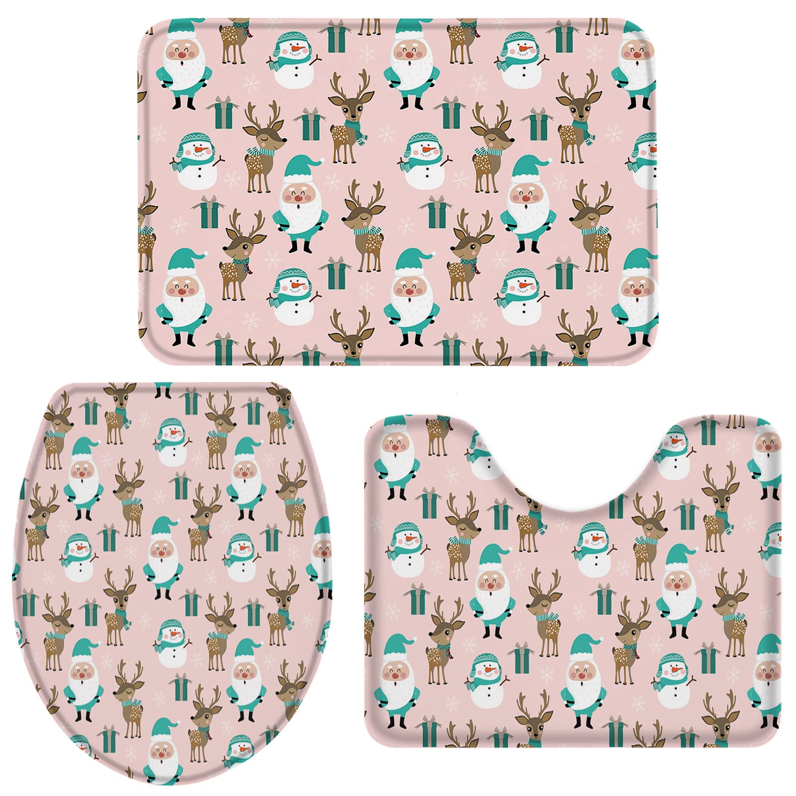 BRINGMEHOME 3-Piece Christmas Bathroom Mat Set - Santa Claus & Snowman Non-Slip Floor Mat, Pedestal Mat & Toilet Cover | Holiday Decor for Bathroom Safety & Festive Home Decor