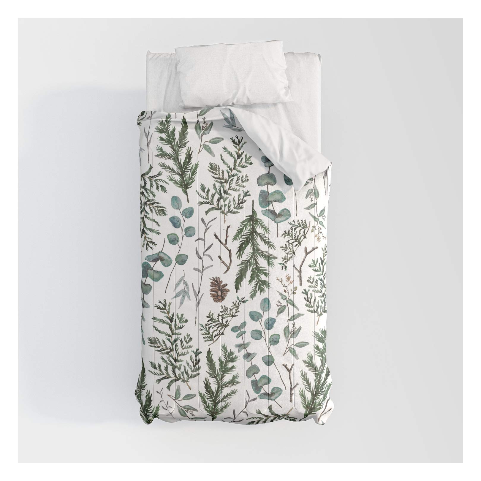 Pine and Eucalyptus Greenery Cotton Comforter Set - Twin Size 68x88 Inches - Botanical Bedding for Cozy Bedrooms | Perfect for Nature-Inspired Home Decor