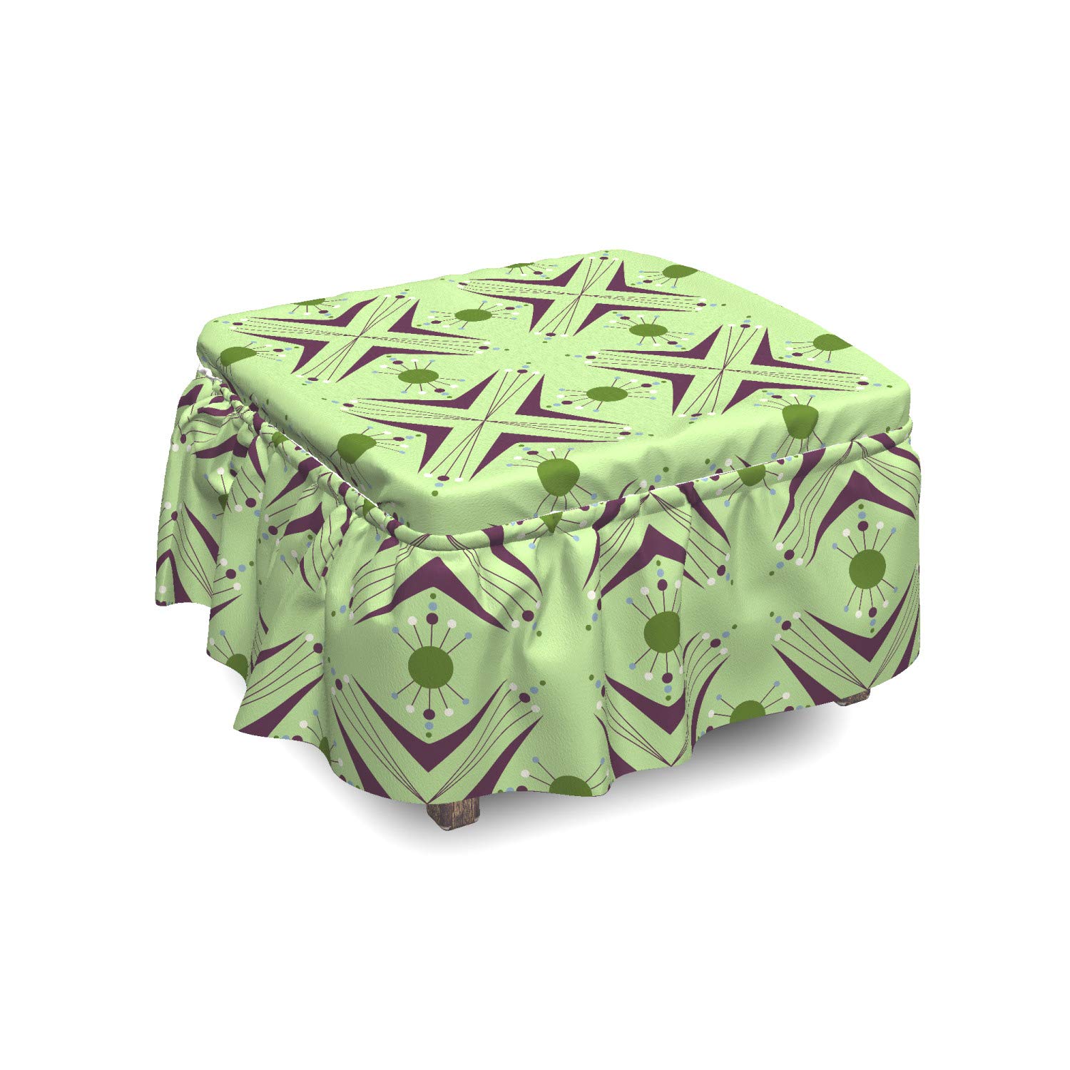 Ambesonne Mid Century Ottoman Cover 2-Piece Set - Atomic Boomerang Pattern Slipcover with Ruffle Skirt for Square/Round Footstools - Standard Size Apple Green Indigo Plum - Living Room Decor, Home Accent, Footrest Cover for Sofa & Chair Matching
