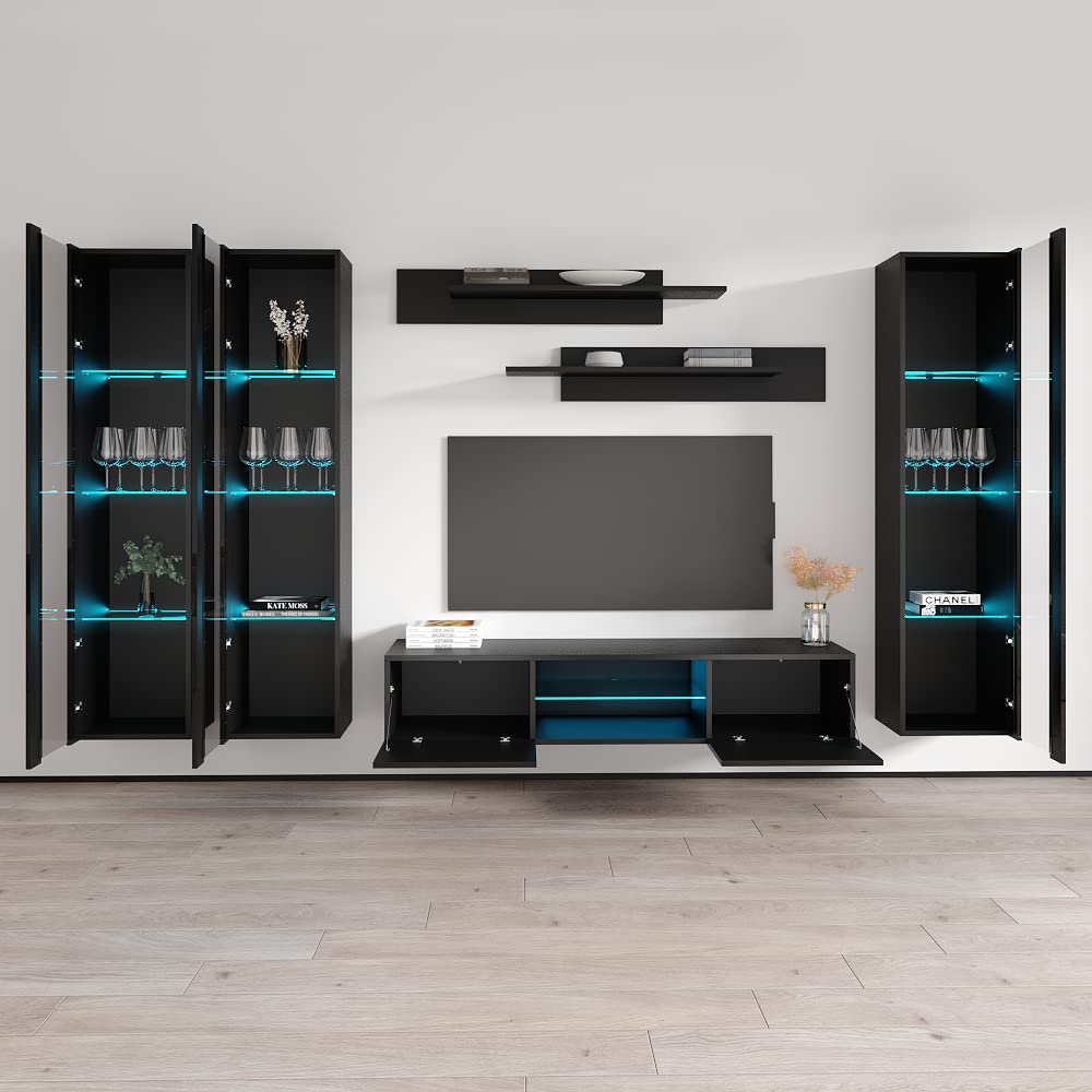 Modern Wall-Mounted TV Stand with Storage Shelves & LED Lights - Floating Entertainment Center Console for Living Room & Bedroom - Black | Perfect for Small Spaces & Home Theater Setup