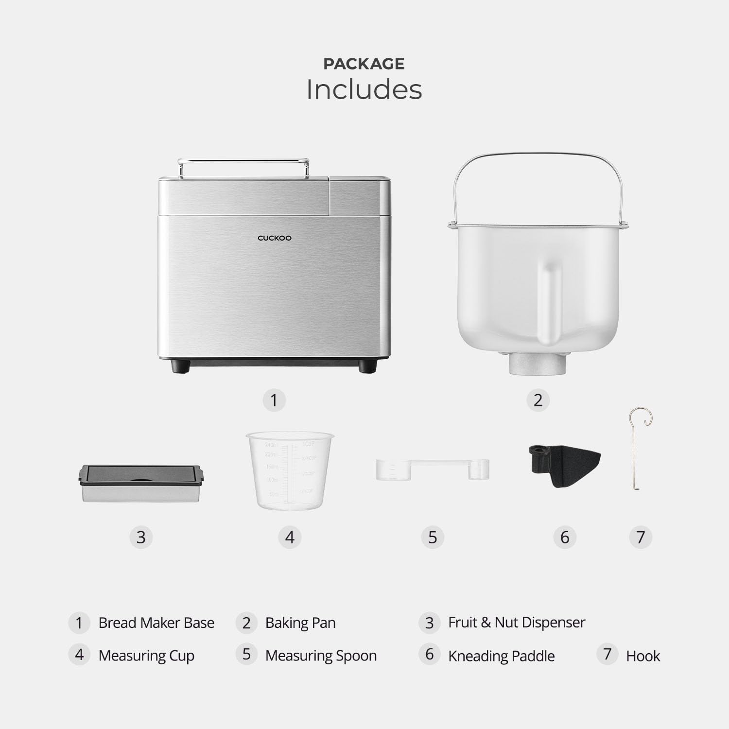 CUCKOO 2 lbs Bread Maker Machine with 15 Menu Options & 3 Crust Colors - Automatic Fruit Nut Dispenser - 6 Accessories Included - Perfect for Sourdough, White Bread & Gluten-Free Baking (CBM-AAB101S) - Ideal for Home Baking, Breakfast & Family Gatherings