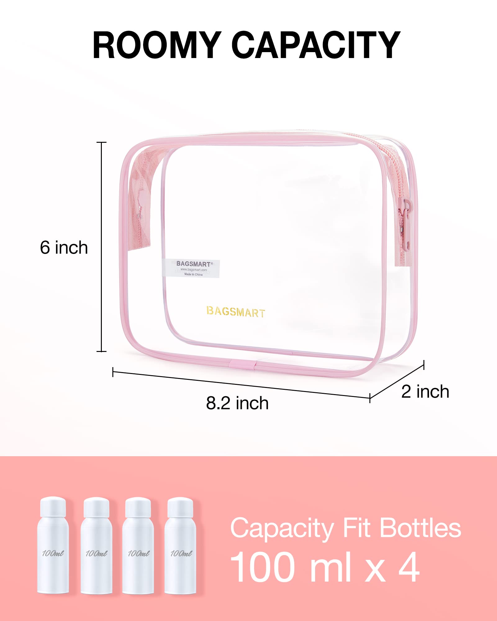 BAGSMART 3-Pack Clear TSA Approved Toiletry Bag - Waterproof Quart Size Travel Organizer for Women | Carry-On Makeup & Cosmetic Pouch | Perfect for Air Travel, Gym & Vacation (Pink)