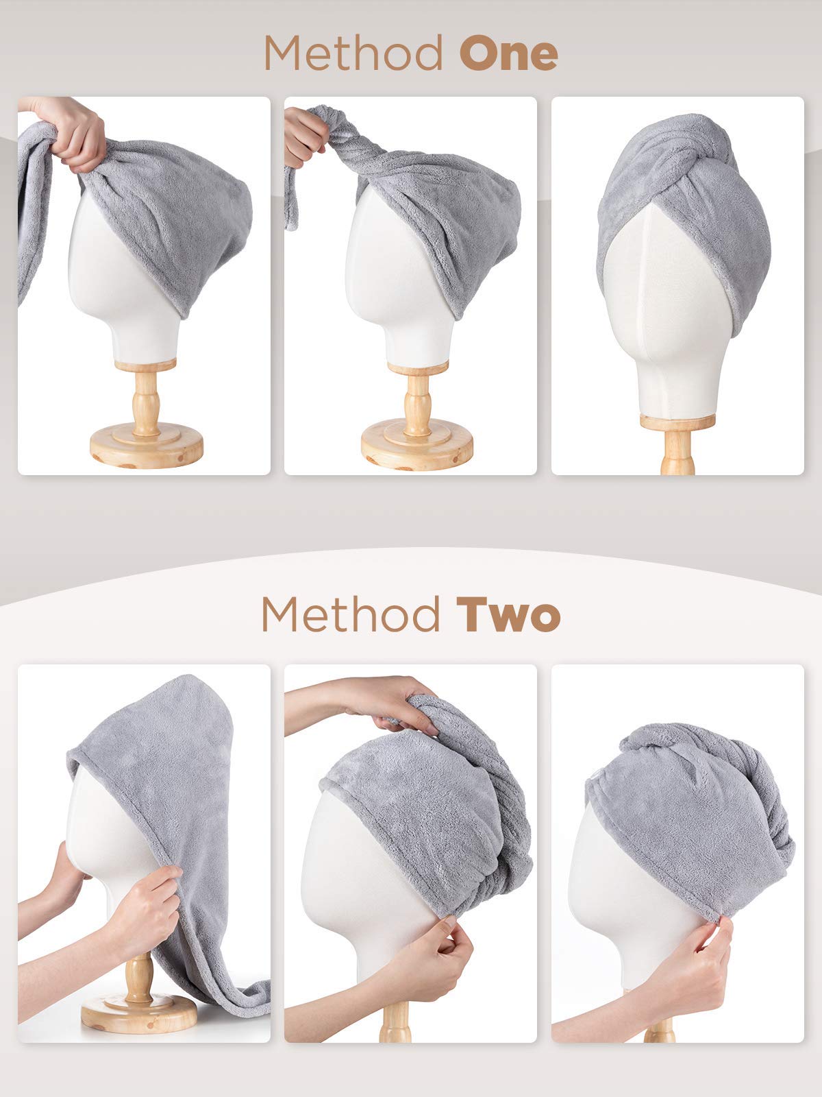 Hicober 3-Pack Microfiber Hair Towel Wrap for Women - Soft Anti-Frizz Hair Turban for Wet & Curly Hair - Quick Dry Hair Towel (Blue, Grey, Pink) - Perfect for Post-Shower, Salon Styling & Travel