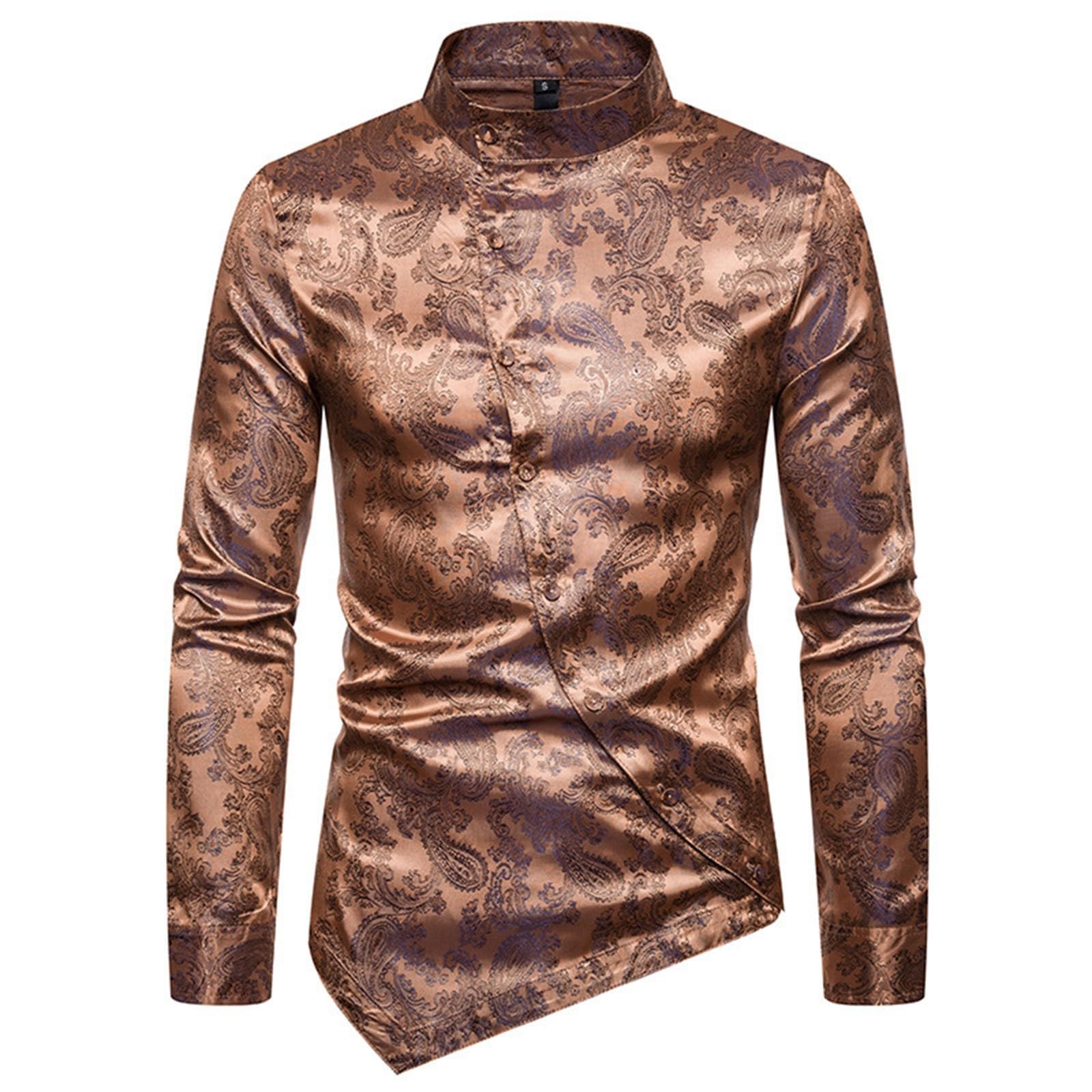 Men's Paisley Print Dress Shirt - Button Down Long Sleeve Formal Tuxedo Shirt with Irregular Hem - Perfect for Business, Weddings & Casual Wear