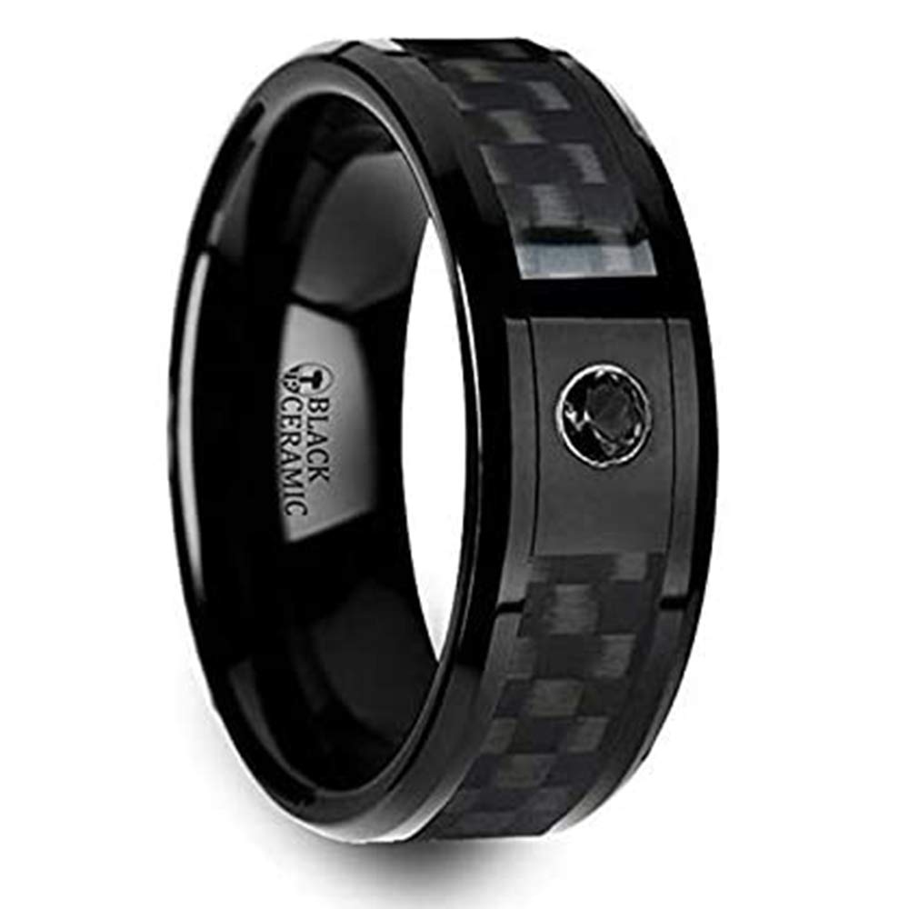 Thorsten Jewelry Black Ceramic Ring for Men - 8mm Black Diamond Wedding Band with Carbon Fiber Inlay | Durable & Stylish Mens Jewelry for Weddings, Anniversaries & Gifts