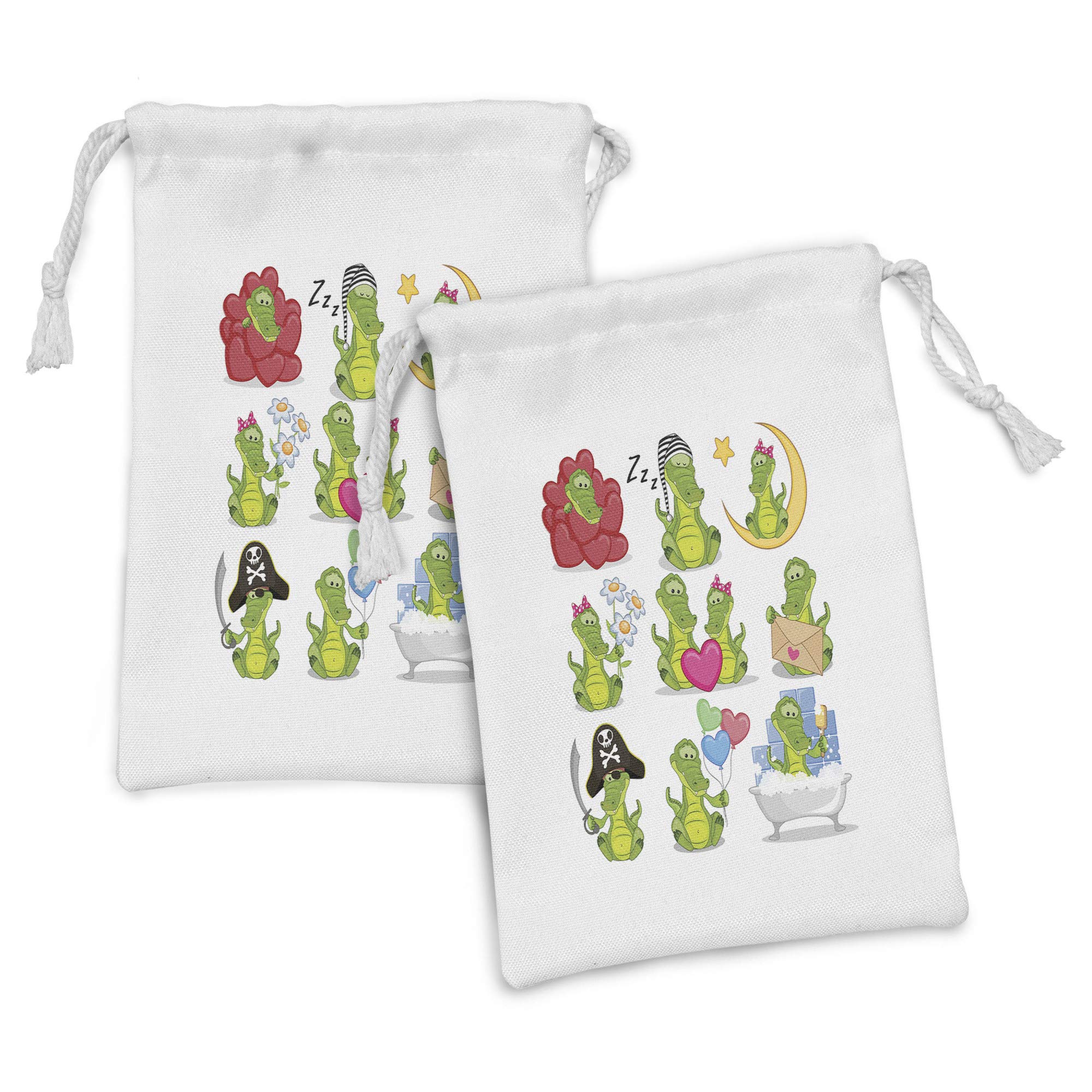 Ambesonne 2-Pack Crocodile Cartoon Fabric Pouches - Small Drawstring Bags for Toiletries, Masks & Party Favors (9