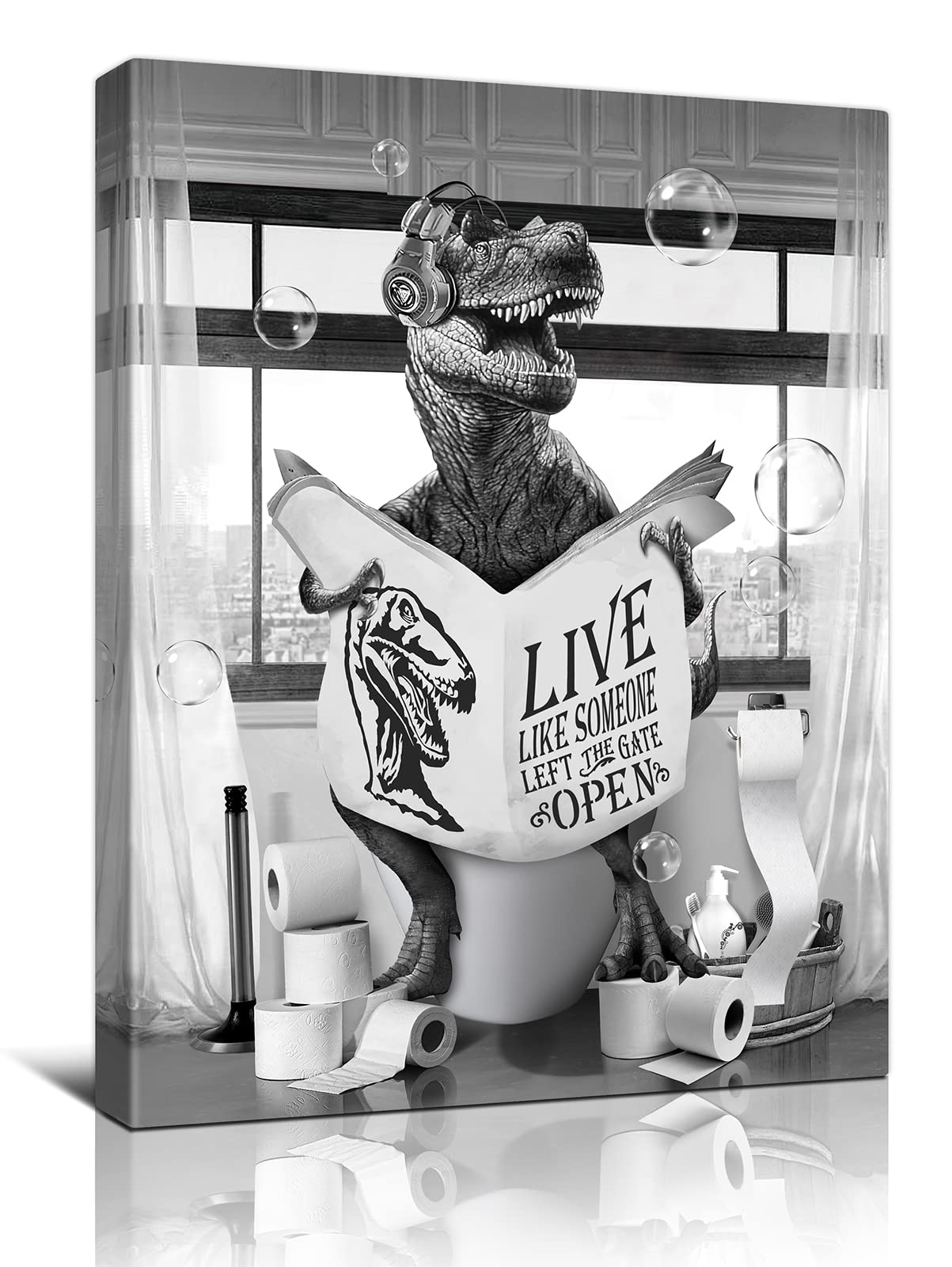 Funny Black and White Dinosaur Wall Art - Modern Farmhouse Bathroom Decor for Kids, Framed Dinosaur Painting Poster 12x16 Inch - Perfect for Nursery, Playroom & Kids Bathroom Wall Decoration