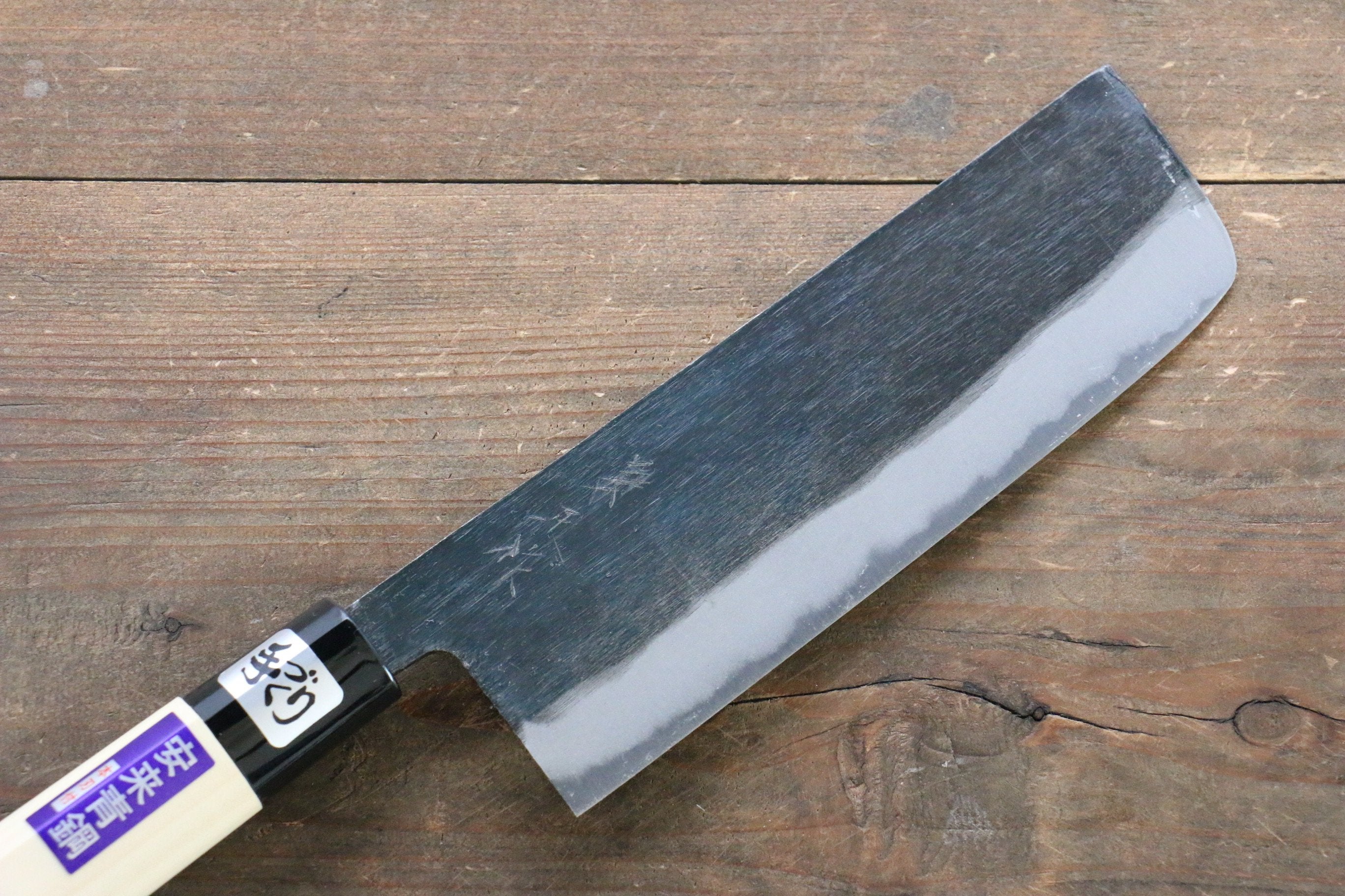 Kanetsune Blue Steel No.2 Kurouchi Nakiri Knife 165mm with Magnolia Handle - Japanese Vegetable Knife for Precise Chopping & Slicing in Professional Kitchens & Home Cooking