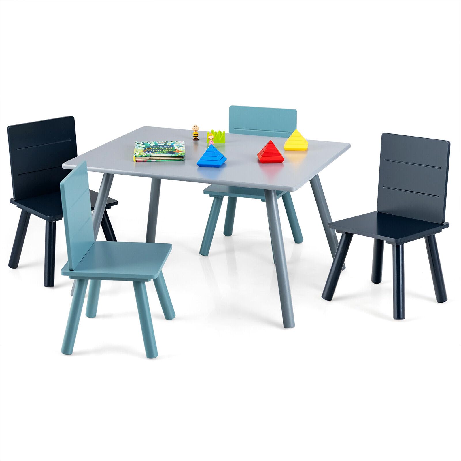 HONEY JOY Kids Table and Chair Set - 5 Piece Pine Wood Toddler Furniture with Building Blocks, Blue Children's Table & 4 Chairs for Daycare, Classroom, Playroom - Perfect Gift for Boys & Girls | Ideal for Learning, Playtime & Creative Activities