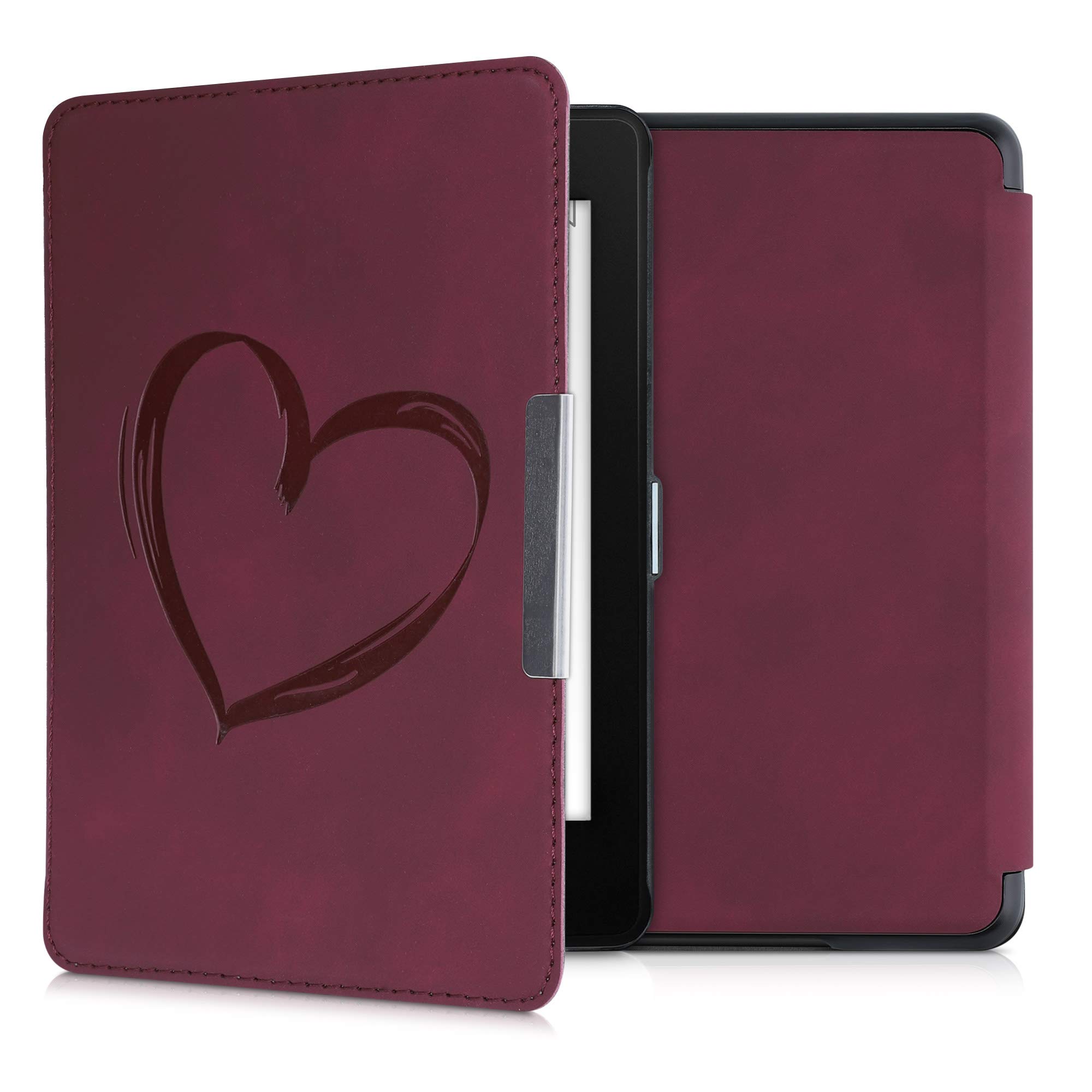 kwmobile Kindle Paperwhite 10th Gen (2018) Case Cover - Premium Brushed Heart Dark Red eReader Protection - Perfect for Reading at Home, Travel & Commuting