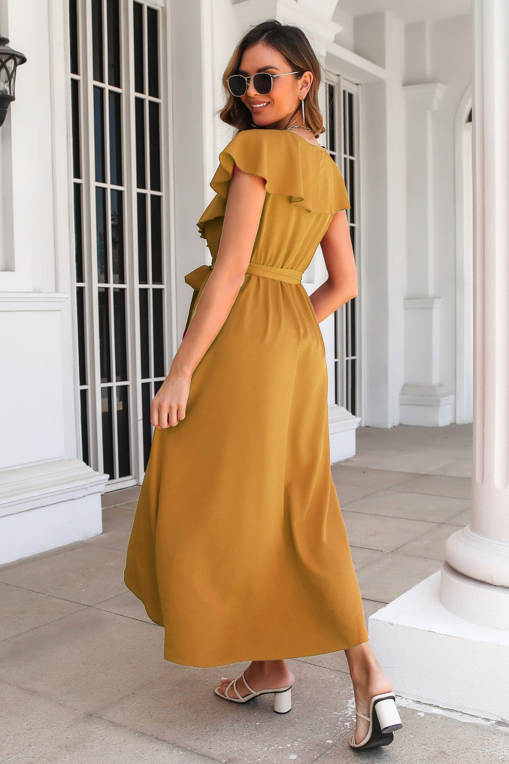 Elegant Ruffled Surplice Tie Waist Slit Midi Dress for Women - Summer Flowy Party & Wedding Guest Dress