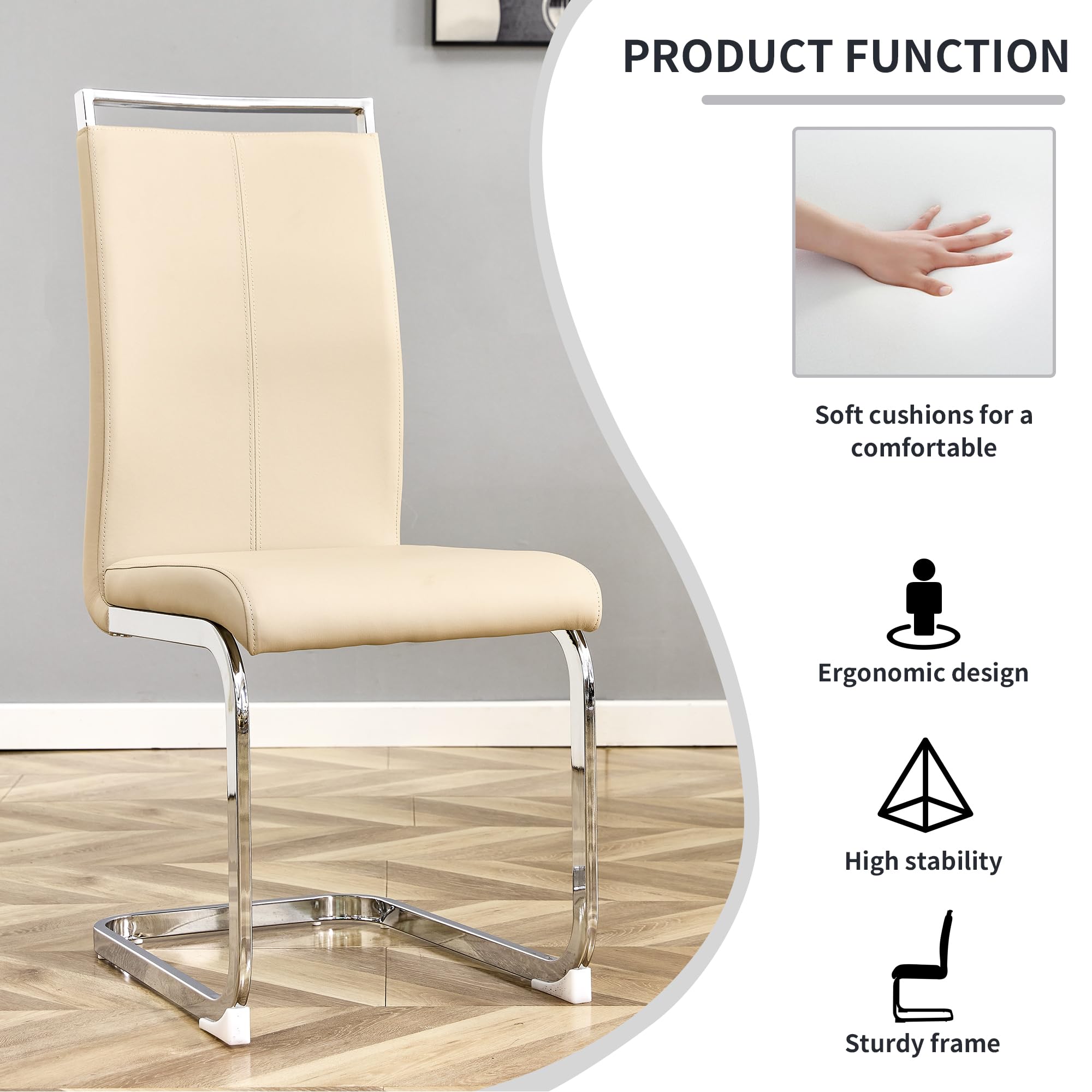 Baysitone Modern Dining Chairs Set of 4 - Silver Metal Frame & Faux Leather Padded High Back Kitchen Side Chairs for Dining Room, Kitchen, Living Room - Beige - Perfect for Family Meals, Entertaining Guests & Home Decor