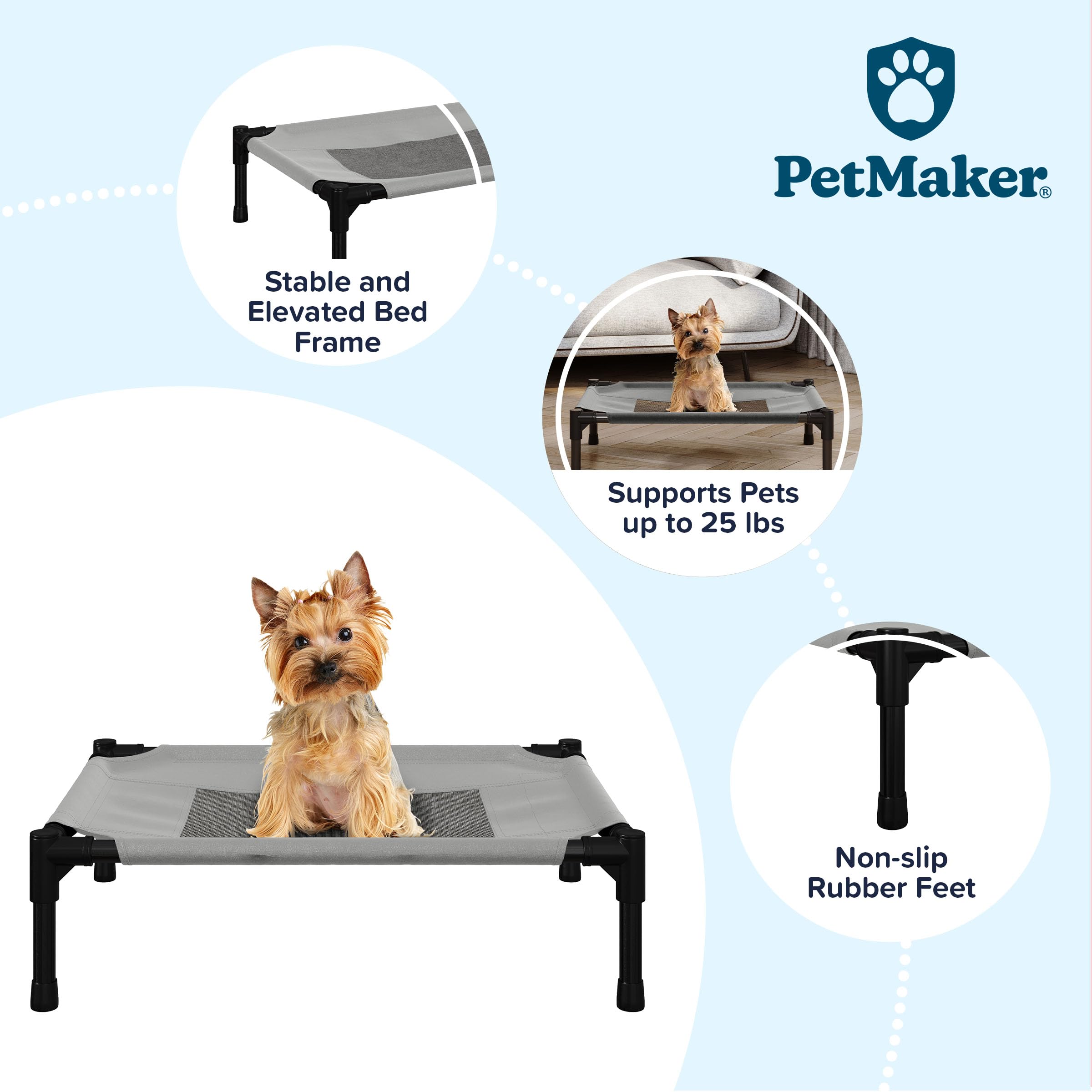 PETMAKER Elevated Dog Bed - 24.5x18.5 Inch Portable Pet Cot with Non-Slip Feet - Breathable Cooling Dog Bed for Small & Medium Dogs up to 25lbs - Indoor Outdoor Use for Home, Patio, Camping & Travel (Gray)
