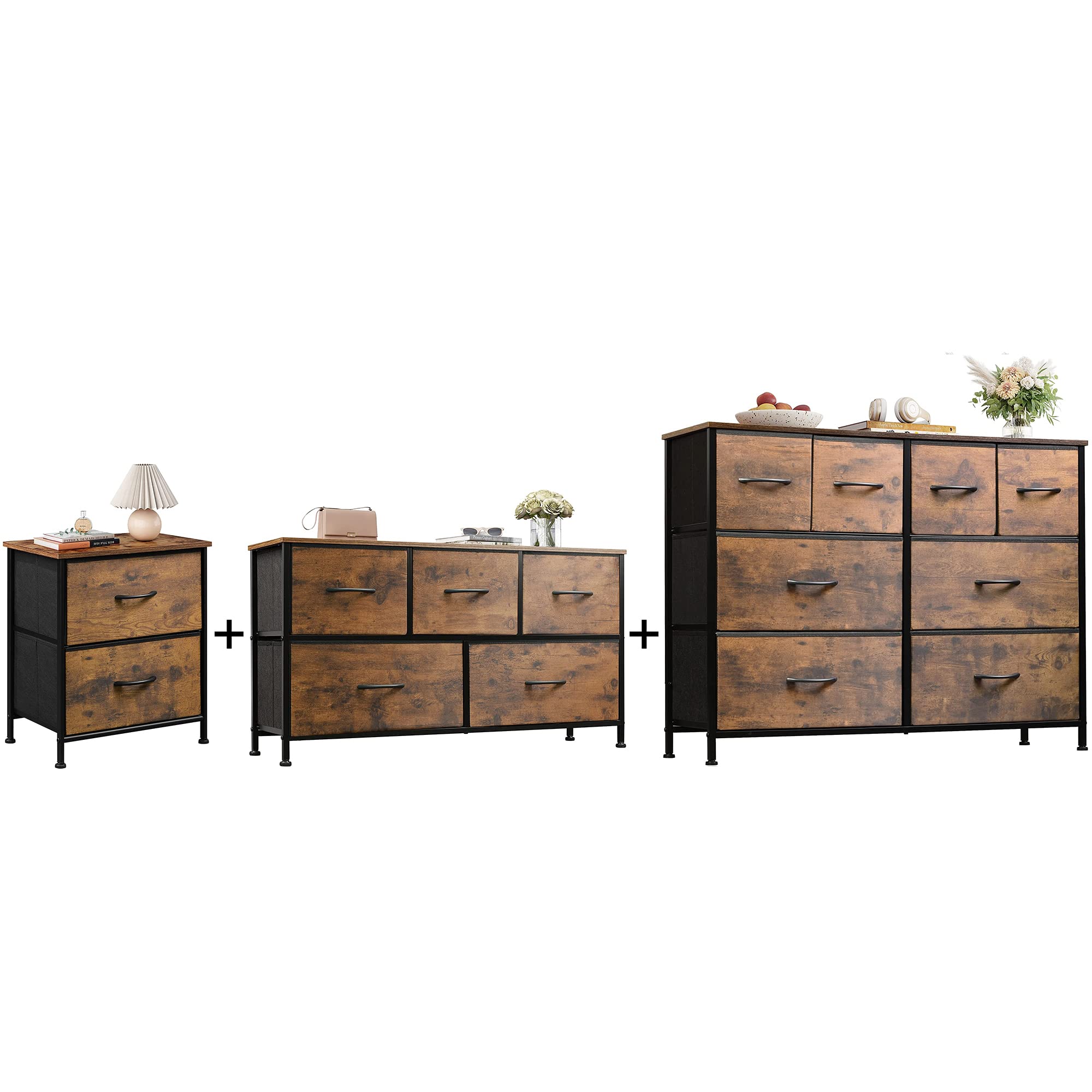 WLIVE 2-Drawer Nightstand & 5/8-Drawer Dresser Set - Fabric Storage Tower with Textured Bins for Bedroom, Nursery, Closet Organization - Steel Frame Chest Organizer for Home, Dorm, Apartment Storage Solutions