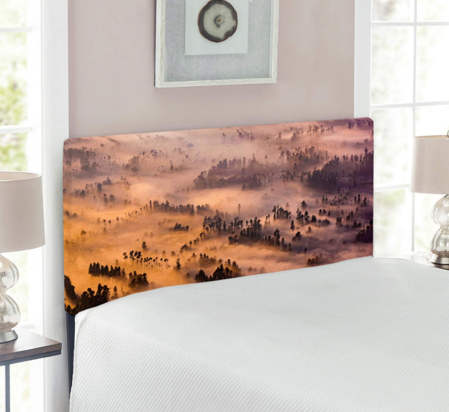 Ambesonne Mystic Headboard - Sunrise Over Foggy Forest Wildlife Scenic Upholstered Metal Bed Headboard with Memory Foam, Twin Size, Yellow Brown - Perfect for Bedroom Decor & Cozy Cabin Retreats