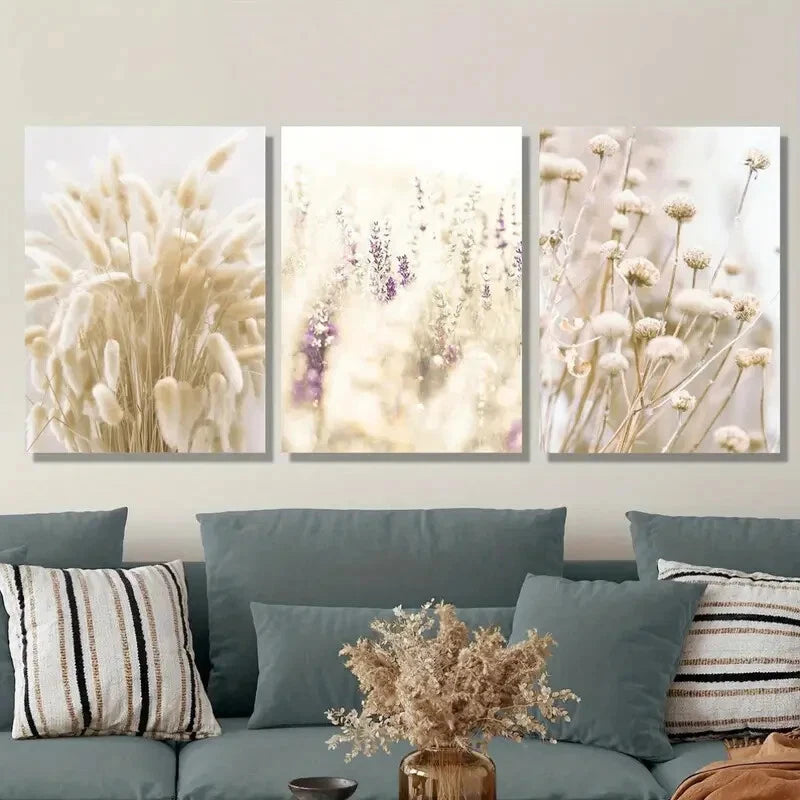 3-Piece Dogtail Grass & Flowers Metal Wall Art - Classic Modern Ready to Hang Prints for Living Room, Bedroom & Office Decor
