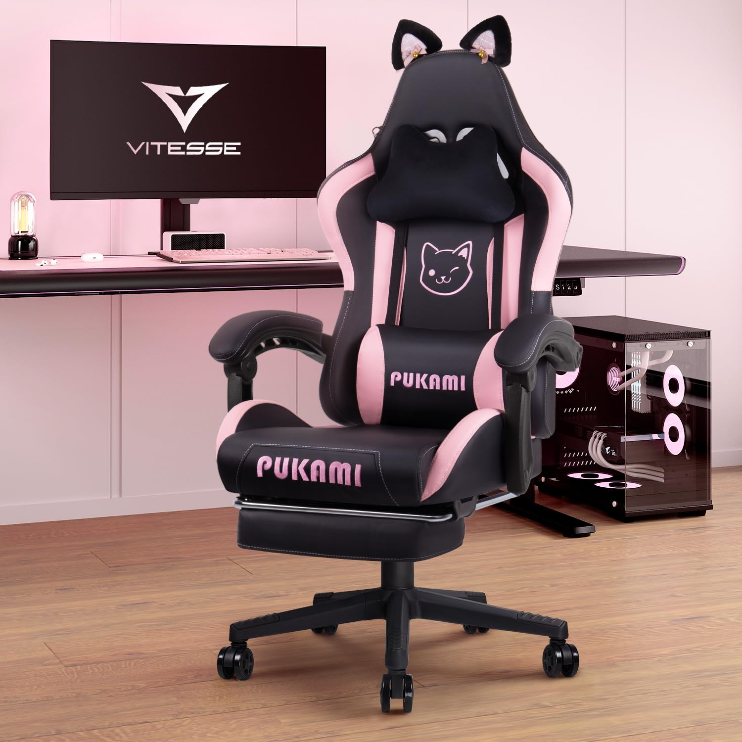 VITESSE Pink Gaming Chair with Cat Paw Lumbar Cushion & Cat Ears - Ergonomic Computer Chair for Women & Girls, Adjustable Footrest & Headrest, Reclining PC Game Chair for Adults & Teens (Black) - Perfect for Gaming, Streaming, Home Office & Study