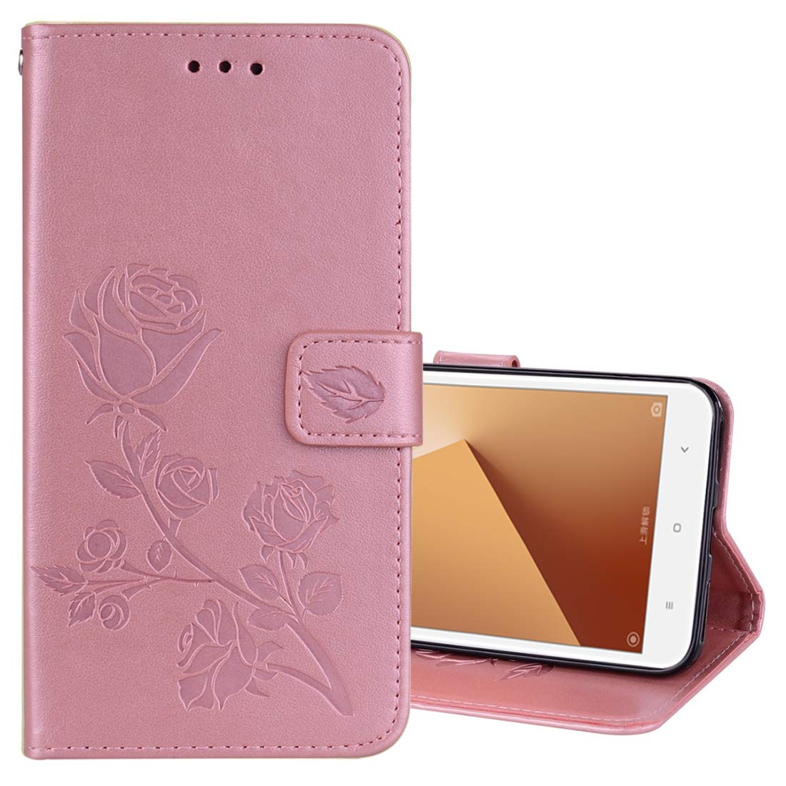 Xiaomi Redmi Note 5A Phone Case - Premium PU Leather Flip Cover with Card Slots & Wallet Function | Rose Gold Embossed Design | No Fingerprint Holes | Perfect for Business, Travel & Daily Use