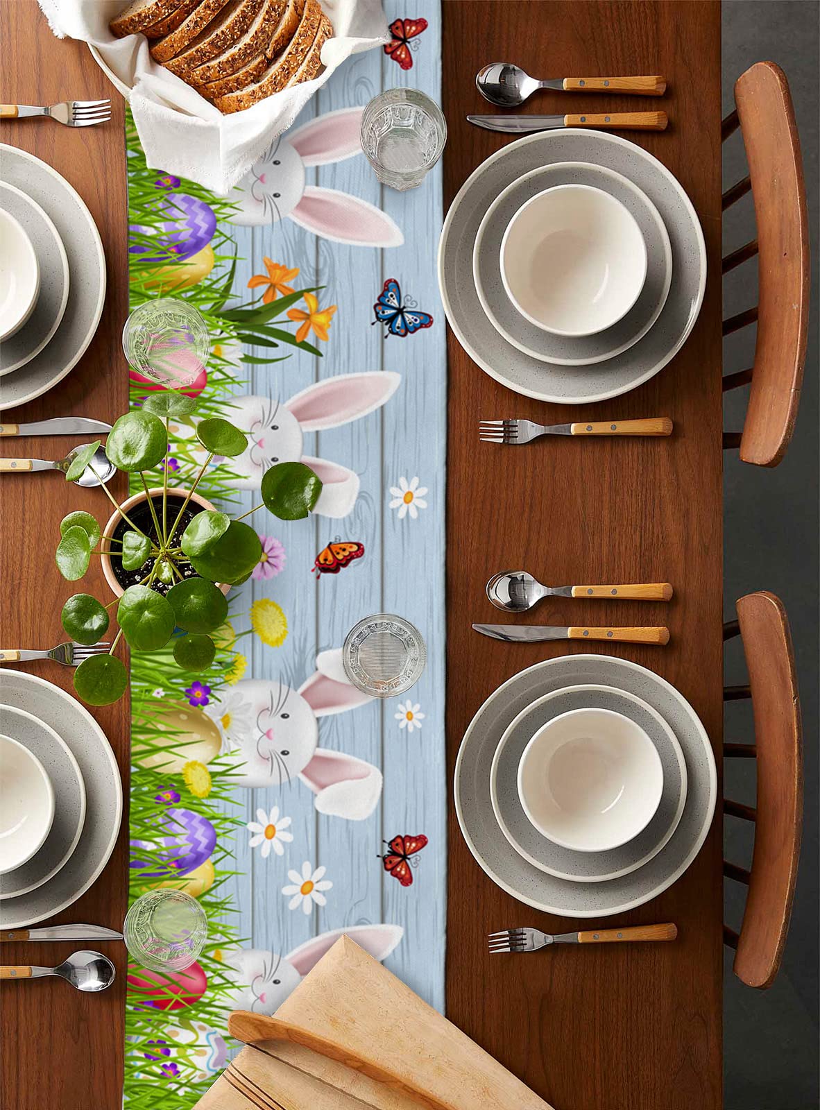 90 Inch Easter Table Runner - Burlap & Cotton Easter Egg Bunny Kitchen Dining Decor with Spring Flowers & Butterflies in Green & Blue - Perfect for Small Gatherings, Weddings, Coffee Parties & Home Décor