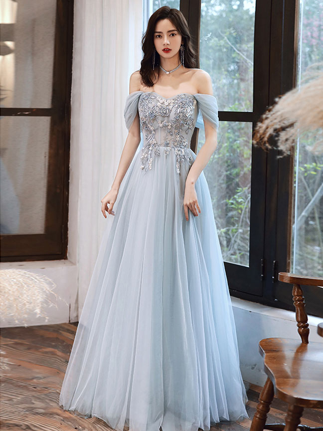 Elegant Blue Tulle Off Shoulder Lace Long Prom Dress - Formal Evening Gown for Homecoming, Wedding, and Special Occasions