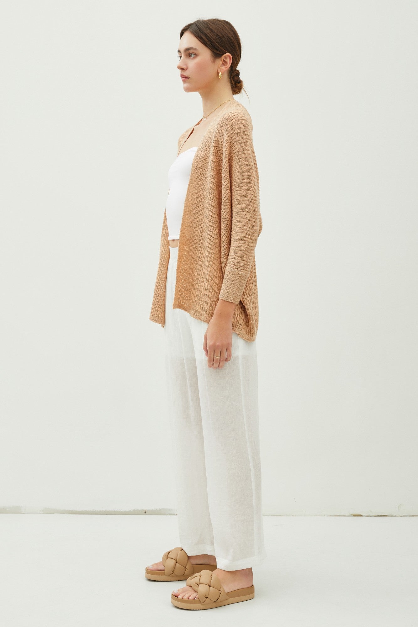 Beige Knit Dolman Sleeve Cardigan Sweater for Women - Cozy Fall Winter Layering Piece for Office, Casual Outfits & Date Nights