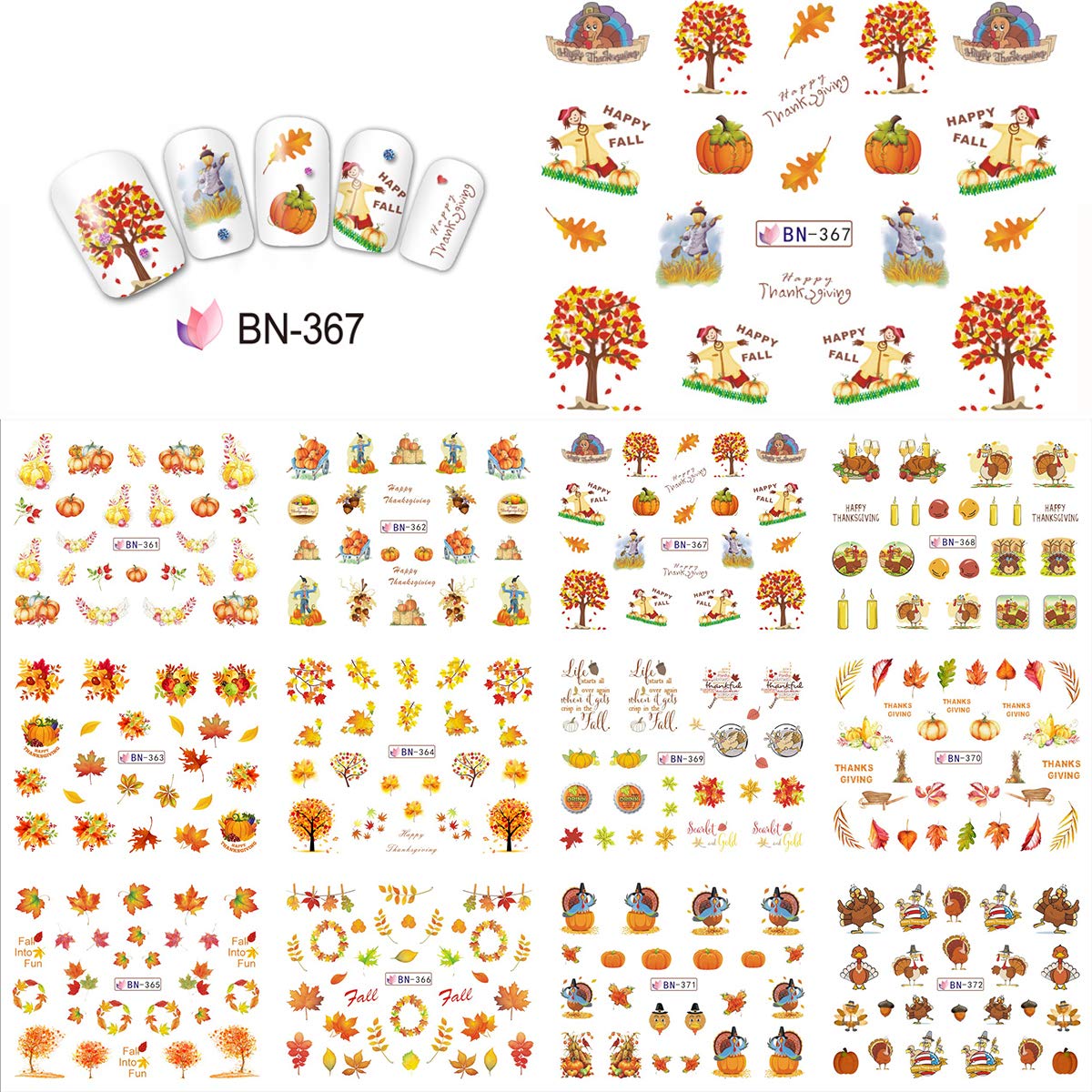 Halloween & Thanksgiving Nail Art Stickers - 12 Sheets Fall Nail Decals with Maple Leaf, Pumpkin & Turkey Designs | Water Transfer DIY Nail Stickers for Women, Girls & Kids | Perfect for Thanksgiving Decorations & Holiday Nail Art