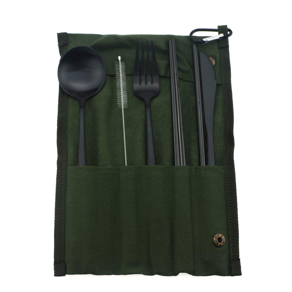 Eco-Friendly Reusable Travel Utensil Set - 18/10 Stainless Steel Cutlery with Knife, Fork, Spoon, Straw & Chopsticks | Matte Black Portable Flatware for Camping, Hiking, Picnics & Outdoor Adventures | Includes Cotton Pouch (Green)