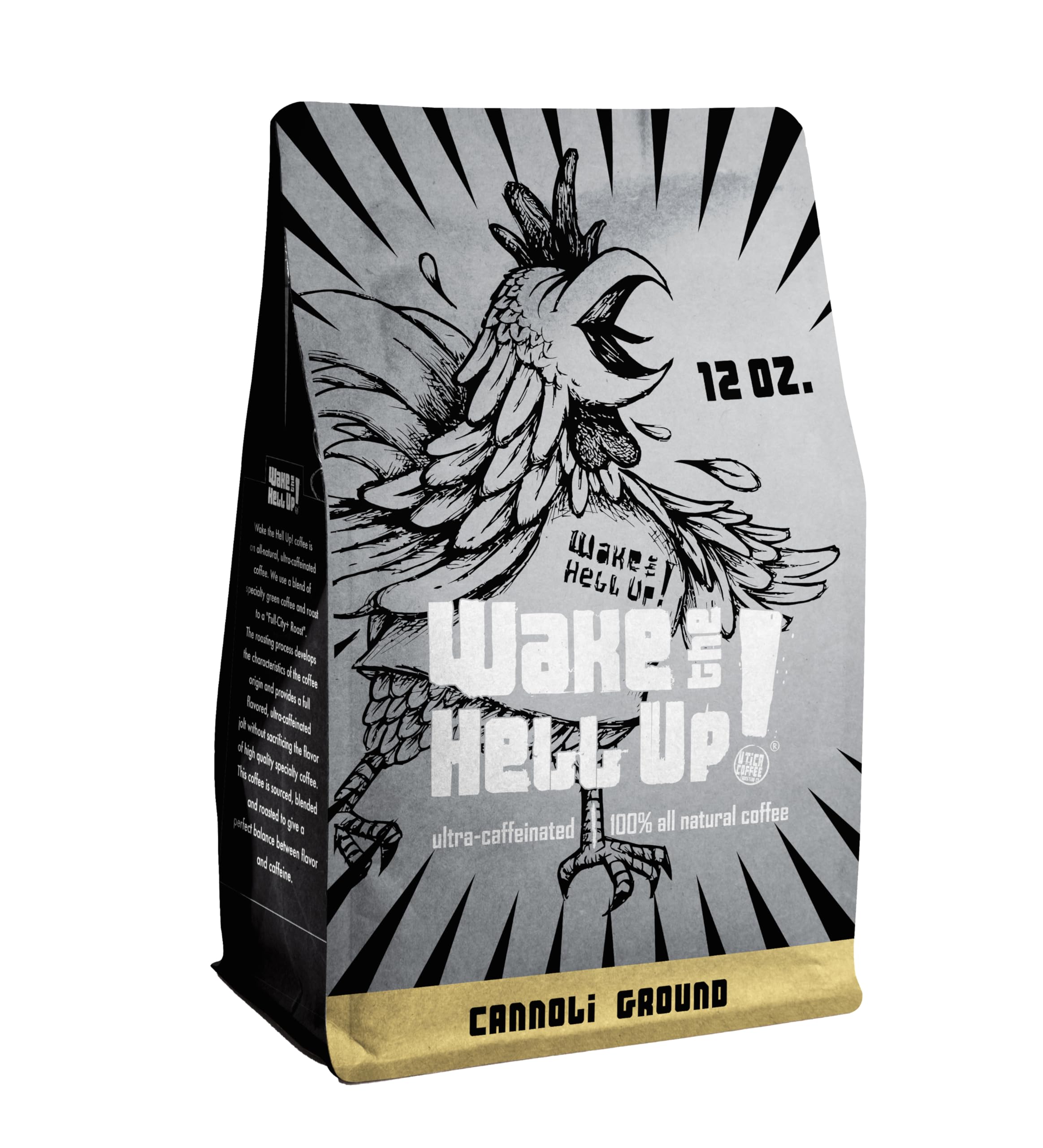 Wake The Hell Up! 12oz Ultra-Caffeinated Cannoli Ground Coffee - Low Acid, Medium-Dark Roast | Perfect for Mornings, Office Boost & Late-Night Study Sessions