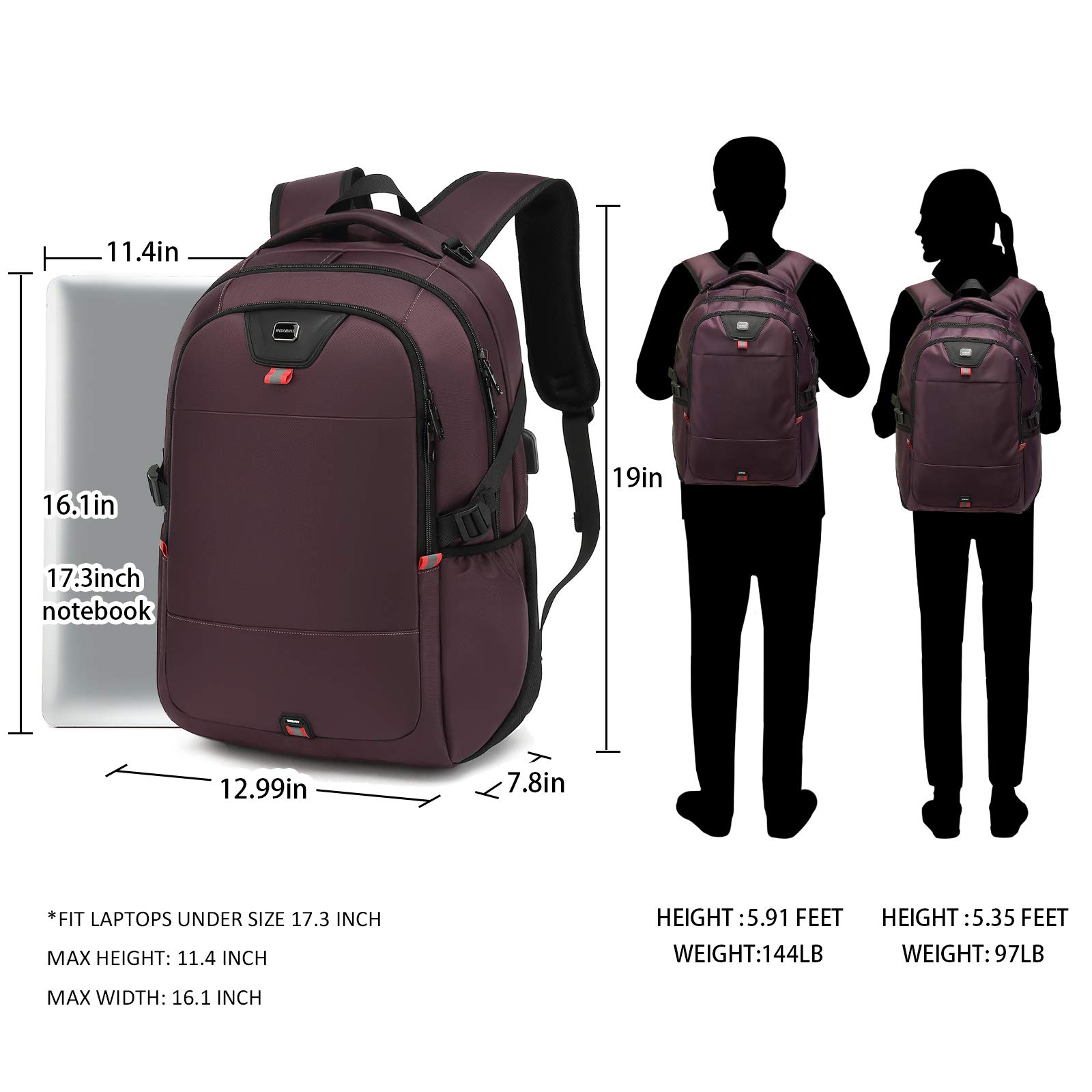 INSAVANT 17 Inch Water Resistant Laptop Backpack - Durable Anti-Theft College Backpack with USB Charging Port - Perfect Travel Daypack for Men & Women (17 Inch, Purple) - Ideal for Work, School, Commuting & Business Trips