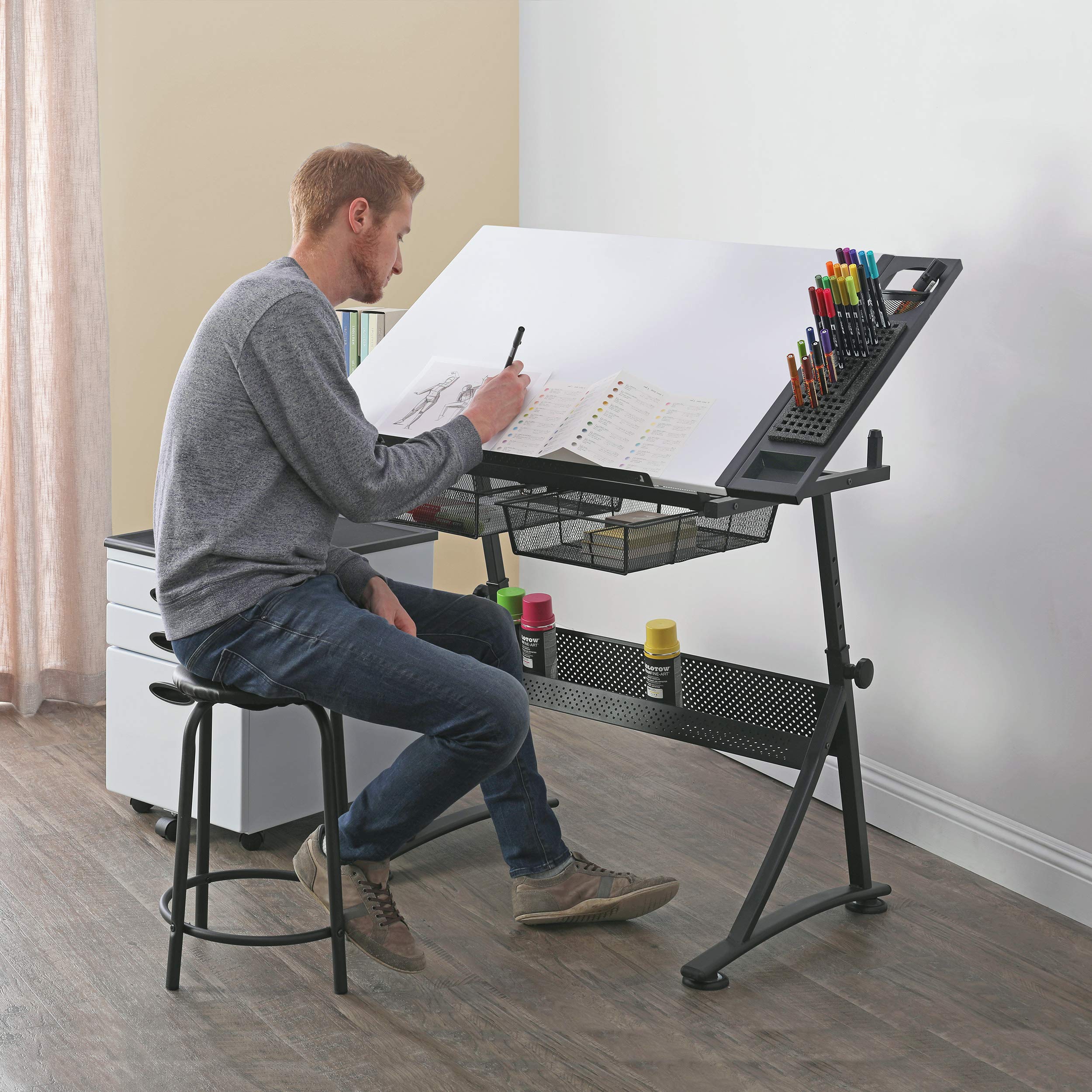 Adjustable Height Drafting Table with Stool - Tiltable Desktop for Artists & Architects - Charcoal & White Finish - Perfect for Home Studios, Office Workspaces & Creative Projects