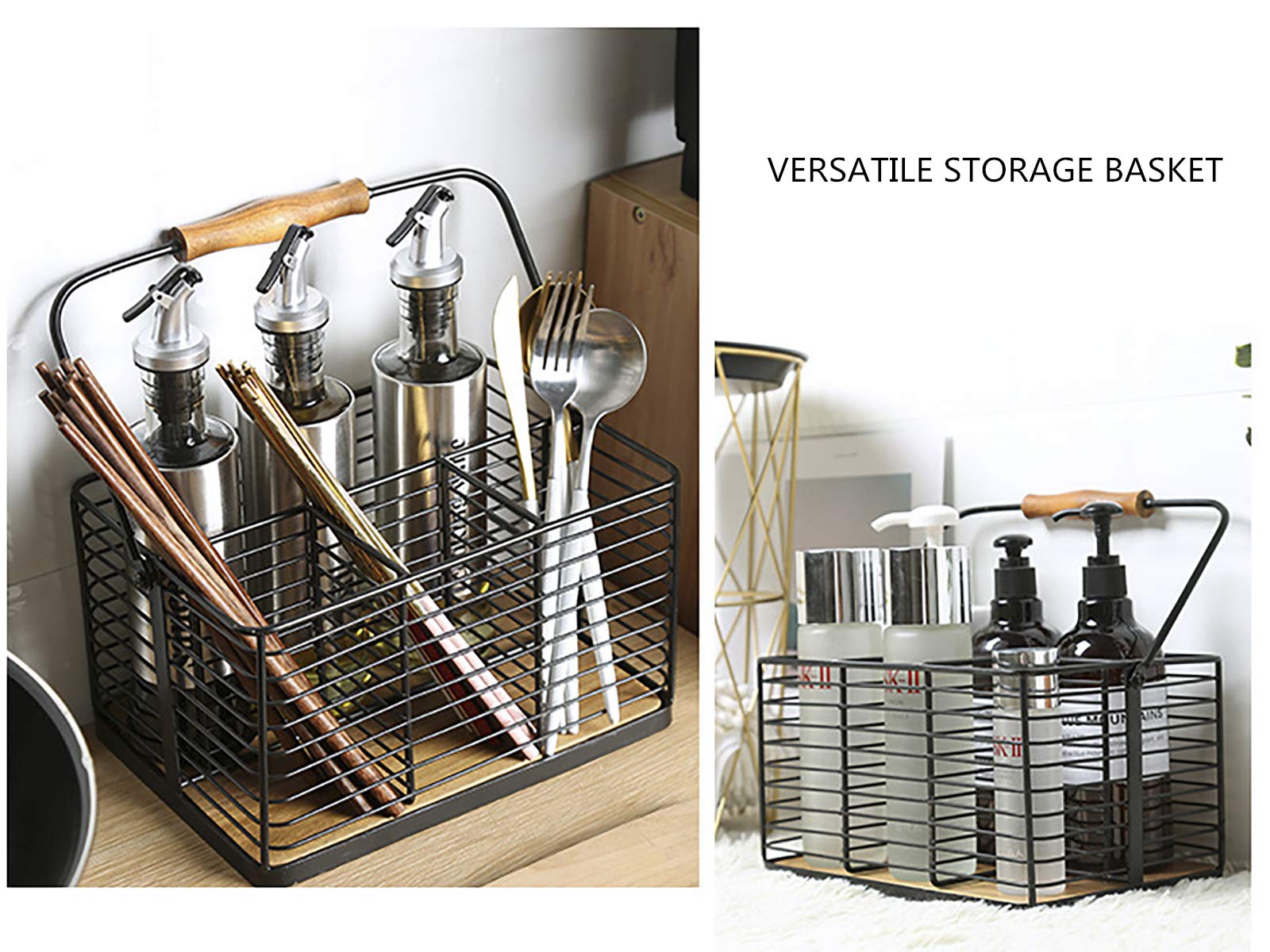 VANRA Metal Flatware Caddy with Wood Handle - Kitchen Utensil Holder, Condiment Organizer & Storage Basket - Black | Perfect for Countertop, Dining Table, and Restaurant Organization