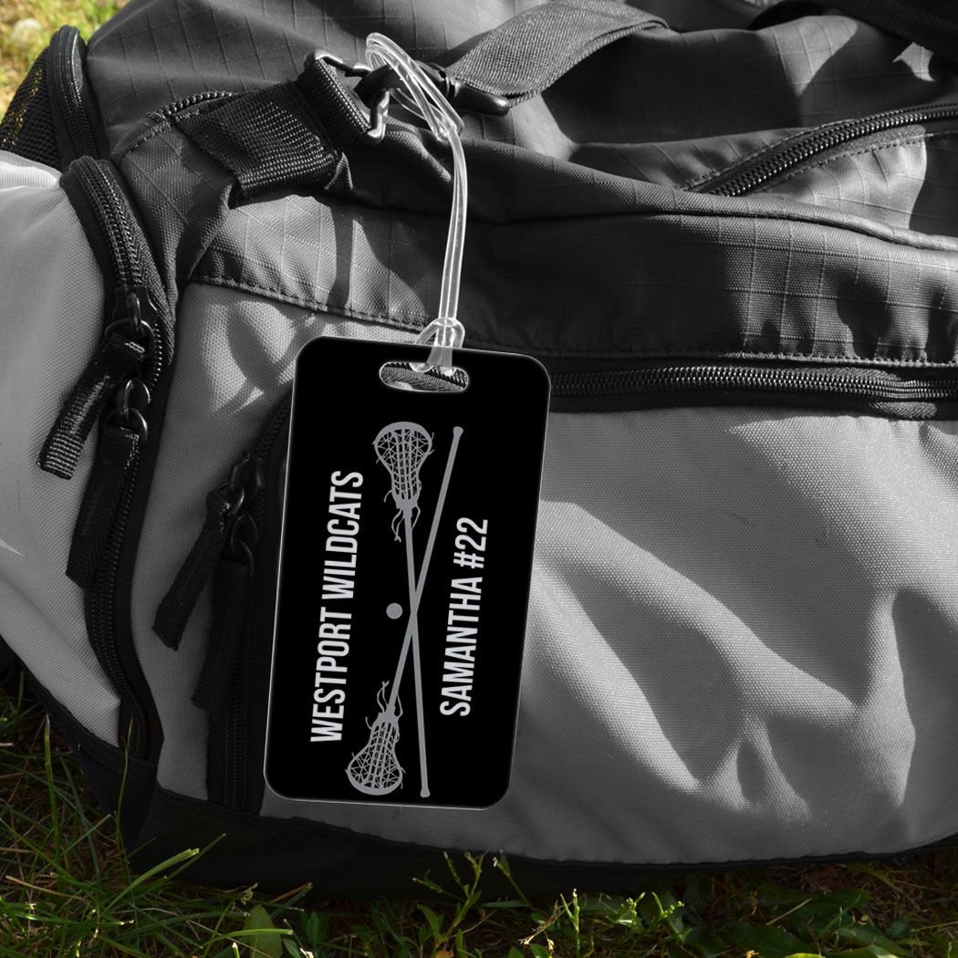 Personalized Girls Lacrosse Bag Tag with Crossed Lax Sticks - Large Black/Gray Luggage Tag with Standard Lines - Perfect for Travel, Sports Gear & School Backpacks