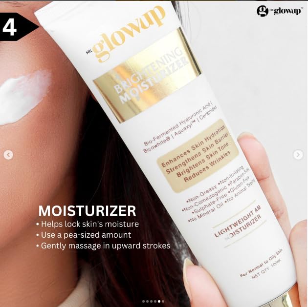HK Glowup Brightening Face Moisturizer for Brighter, Soft & Radiant Skin - Daily Illuminating Lotion for Glowing Complexion | Lightweight, Non-Greasy Formula for Women & Men (100ml) | Perfect for Morning/Night Skincare Routine & Makeup Prep