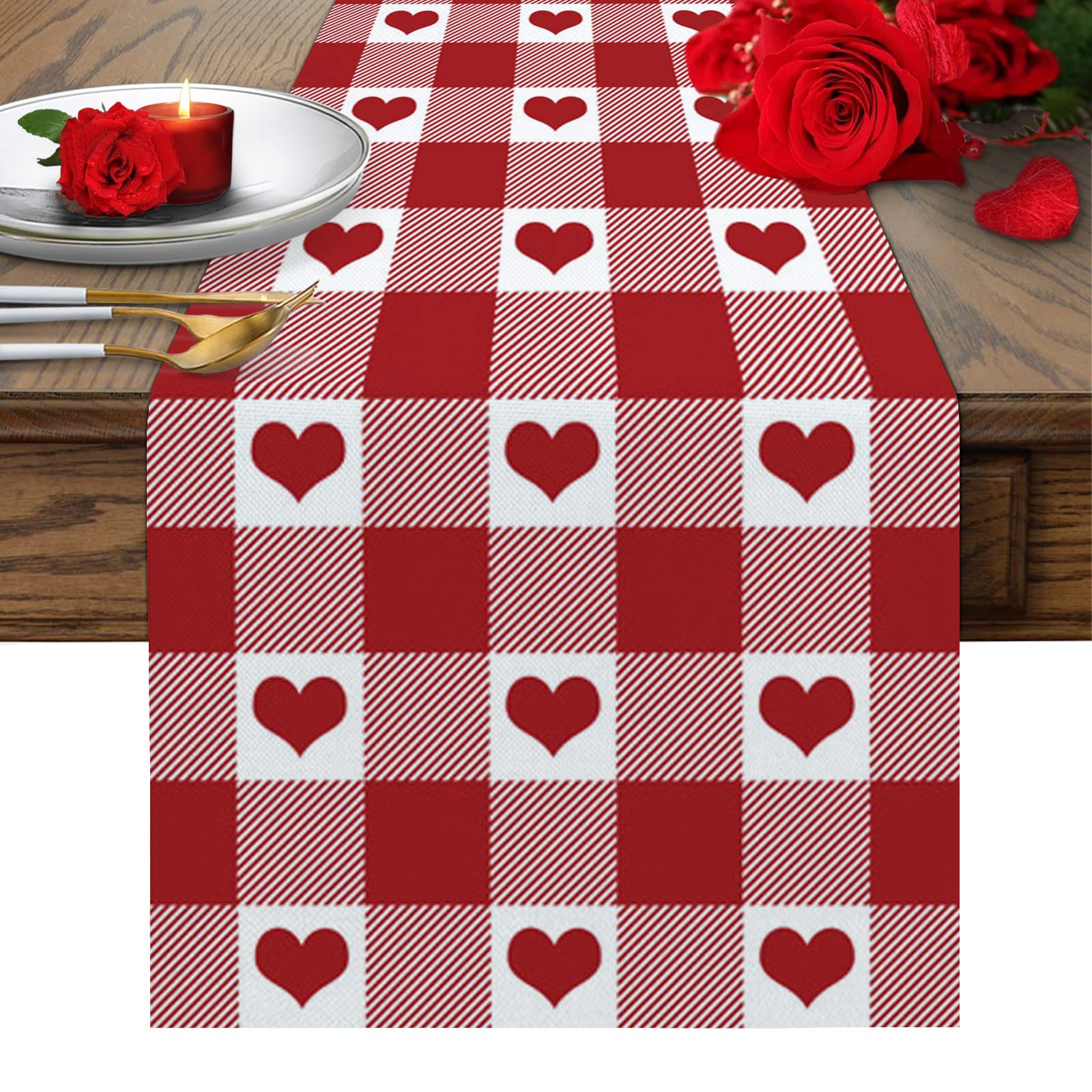 Valentine's Day Burlap Table Runner - 13x70 Inch Heart Shaped Plaid Farmhouse Decor for Weddings, Parties & Holiday Dinners | Non-Slip Rectangle Table Cover for Rustic Home Decor