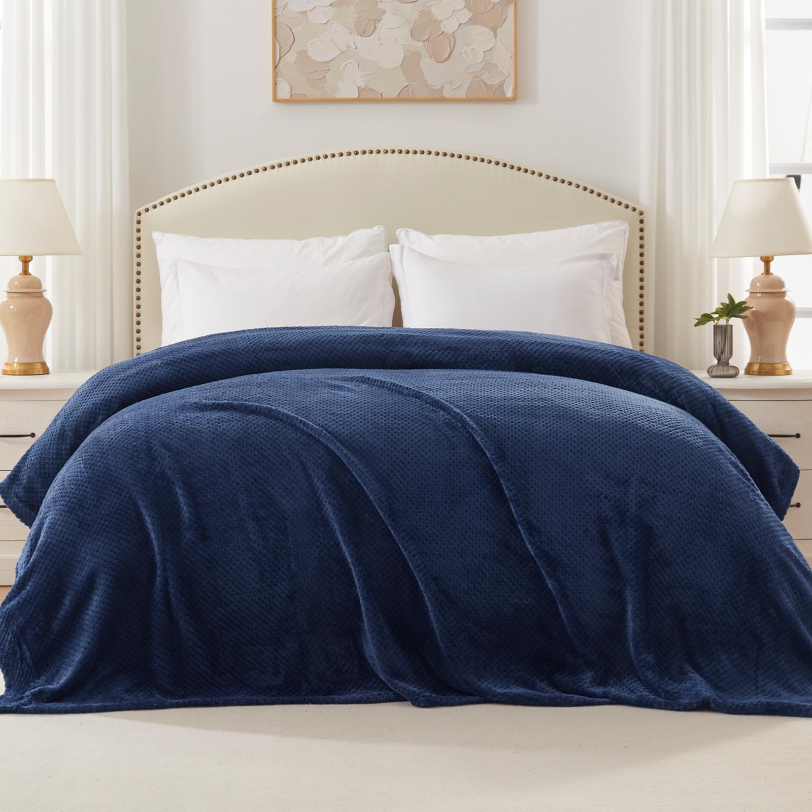 Exclusive Fleece Blend Bed Blanket Queen Size - Super Soft & Warm Waffle Textured Blanket for Couch, Sofa & Bed | Cozy, Fuzzy & Lightweight (Navy Blue, 90x90 Inches) | Perfect for Winter Nights, Movie Time & Guest Room Comfort