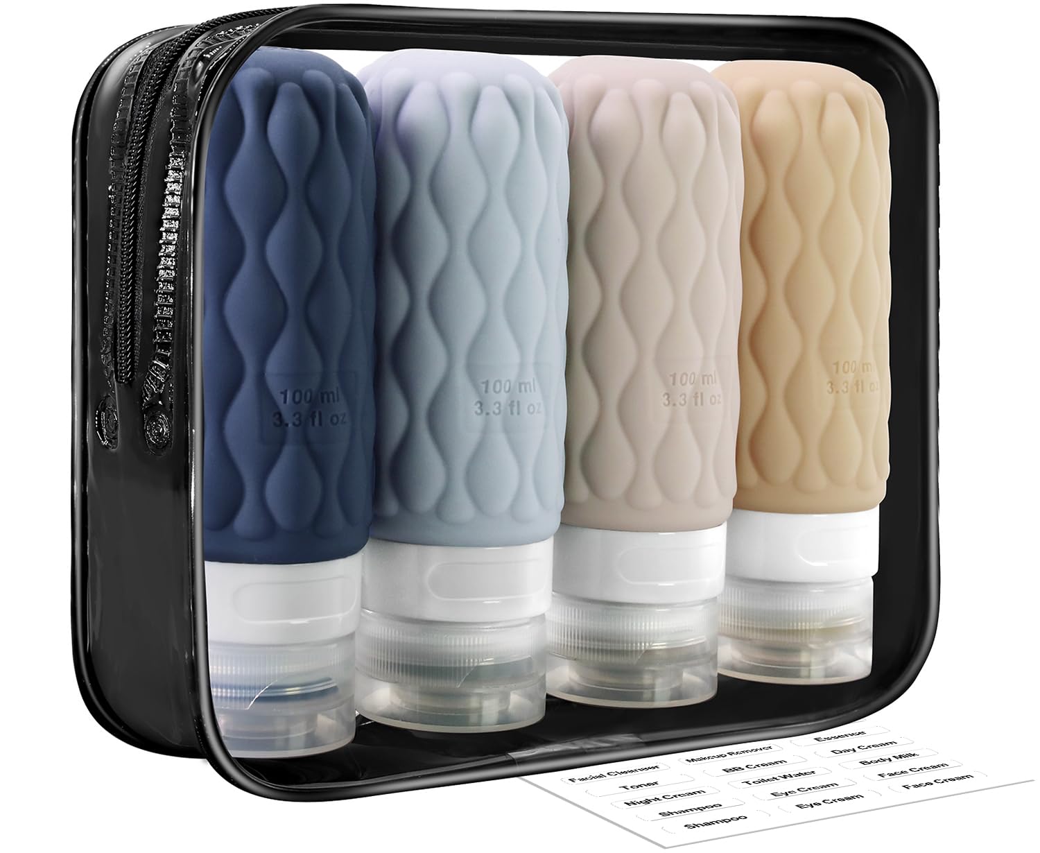 3.4oz (100ml) 4-Pack TSA Approved Travel Bottles - Leak Proof Silicone Squeezable Toiletry Containers with Clear Zipper Bag | Perfect for Airplane Carry-On, Vacation Essentials & Gym Toiletries Storage