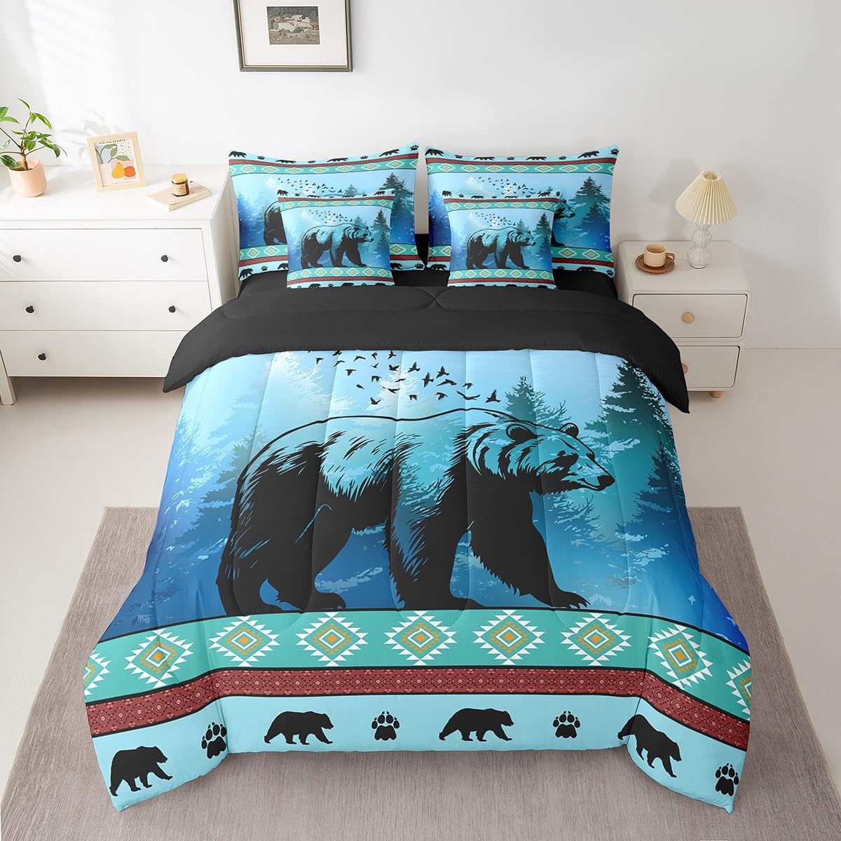 **7-Piece Boys Bear Comforter Set with Sheets - American Aztec Animal Bedding for Kids, Teens & Adults - Queen Size Rustic Farmhouse Wildlife Bed Set - Bohemian Tribal Geometric Design - Perfect for Cozy Bedrooms & Cabin Retreats**