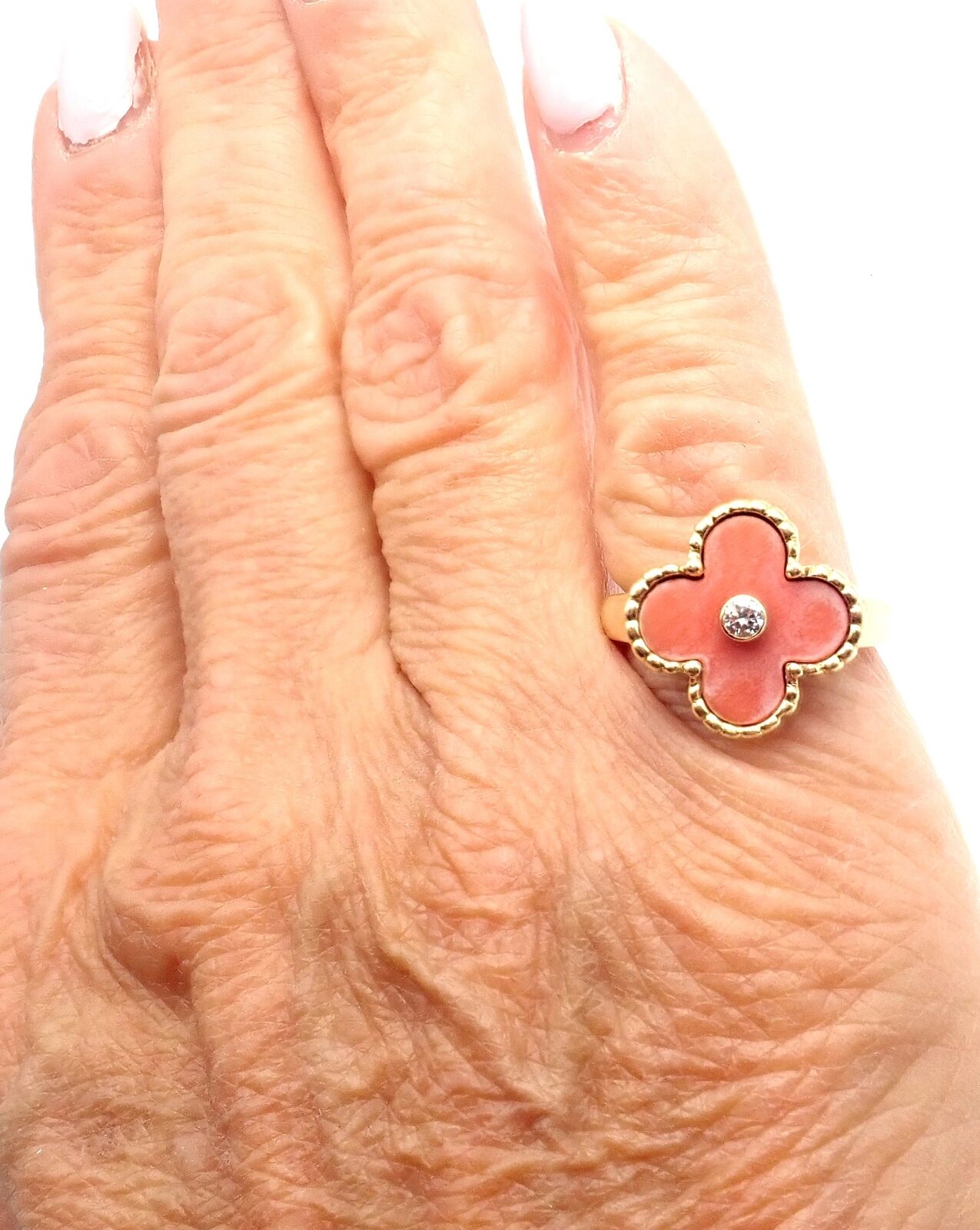 Authentic Van Cleef & Arpels Alhambra 18k Yellow Gold Coral Diamond Ring - Luxury Jewelry for Women, Elegant Gift for Anniversary, Wedding & Special Occasions