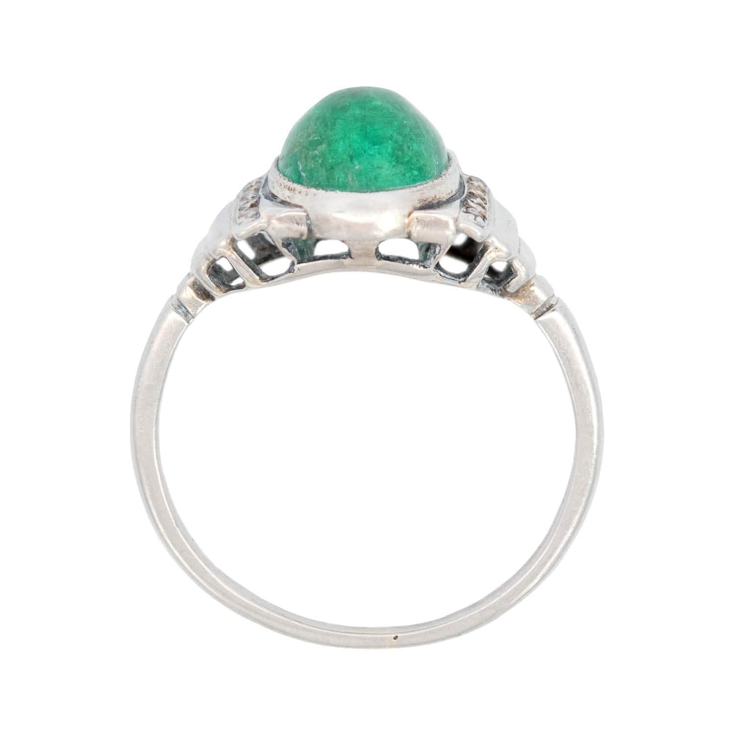 Art Deco Platinum 2.50ctw Cabochon Emerald & Diamond Vintage Ring for Women - Elegant Wedding, Engagement & Evening Party Jewelry Gift