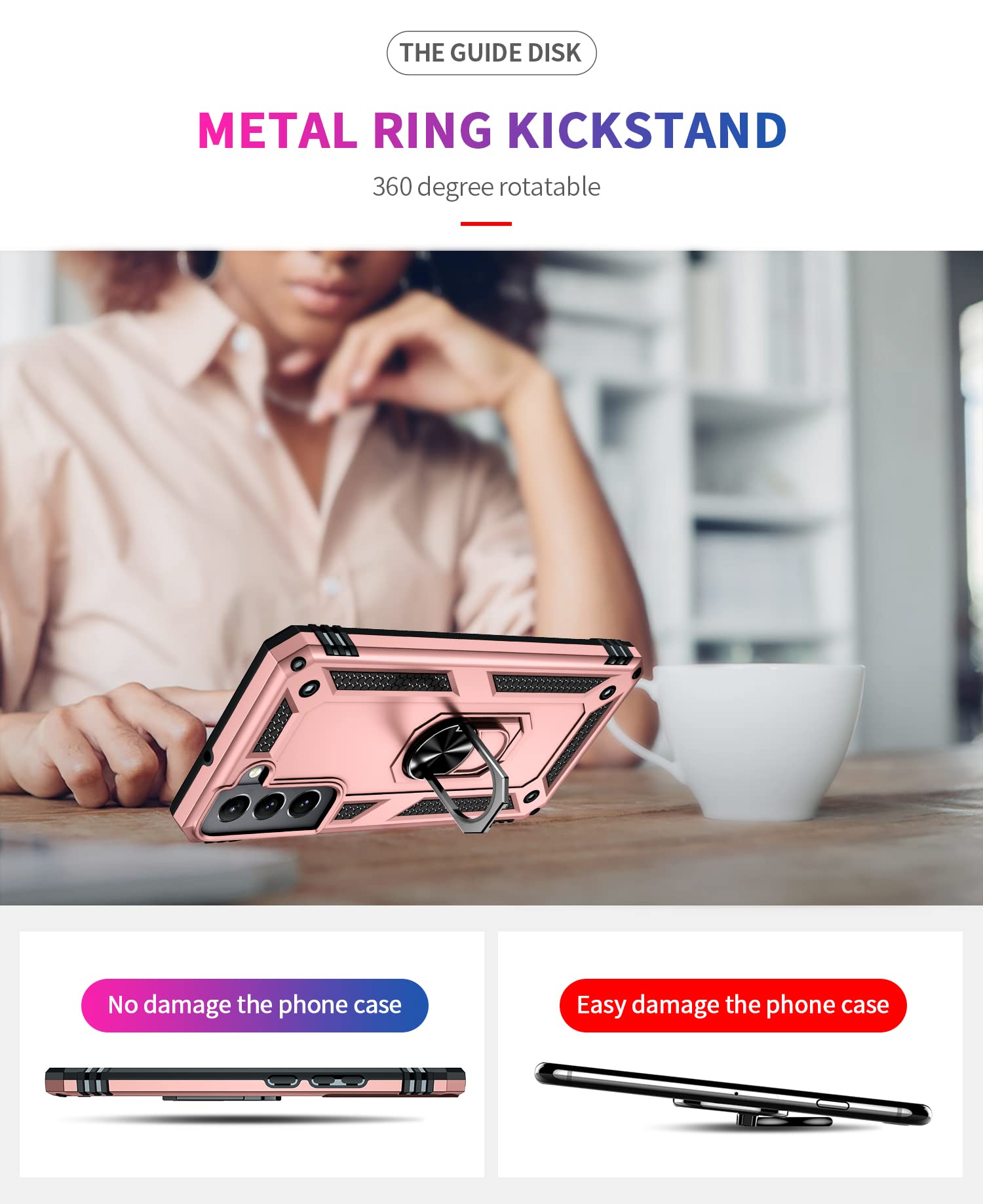 Military Grade Shockproof Case for Samsung Galaxy S22 Plus 5G with 360° Rotating Metal Ring & Kickstand | Heavy Duty Armor Protection in Rose Gold | Perfect for Outdoor Adventures, Work & Travel