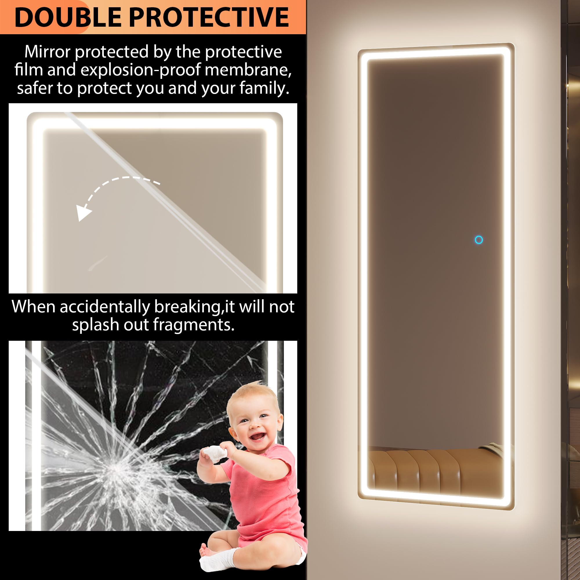 LVSOMT 47x14 Inch Full Length LED Lighted Mirror - Over The Door Hanging & Wall Mounted Full Body Mirror with Lights for Bedroom, Living Room, Dressing Room (White) - Perfect for Makeup, Outfit Checks & Home Decor