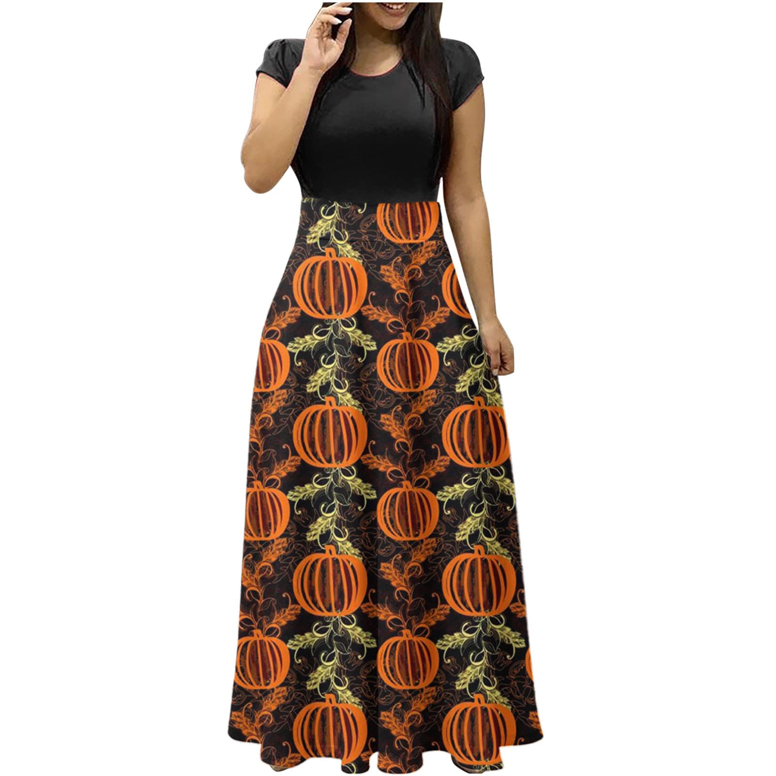 Sexy Women's Short Sleeve Pumpkin Print Maxi Dress - Elegant Cocktail Party & Casual Fashion for Petite Women (S) - Perfect for Halloween, Fall Parties, and Date Nights